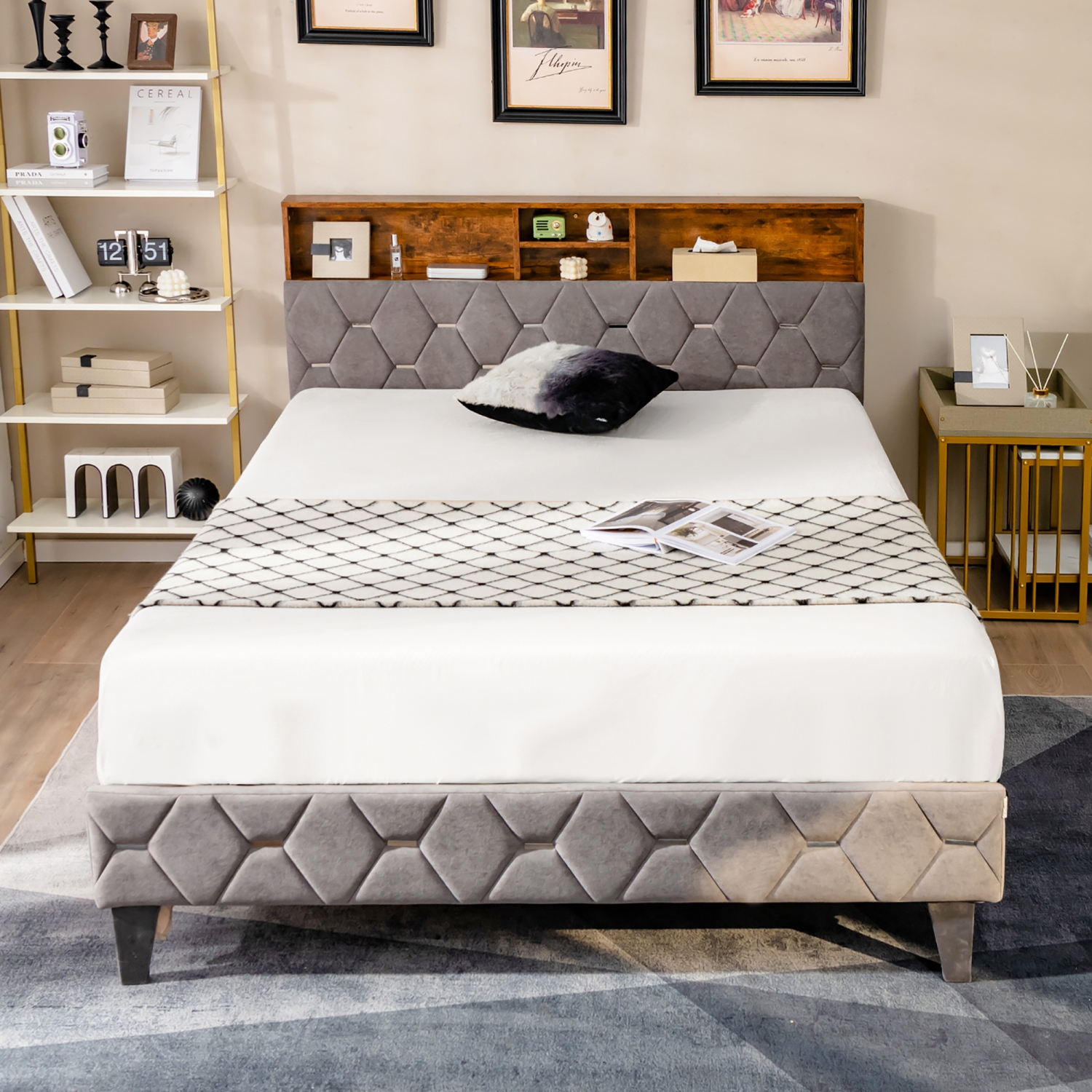 Costway Full/Queen Bed Frame Upholstered Platform Mattress Foundation with Storage Headboard