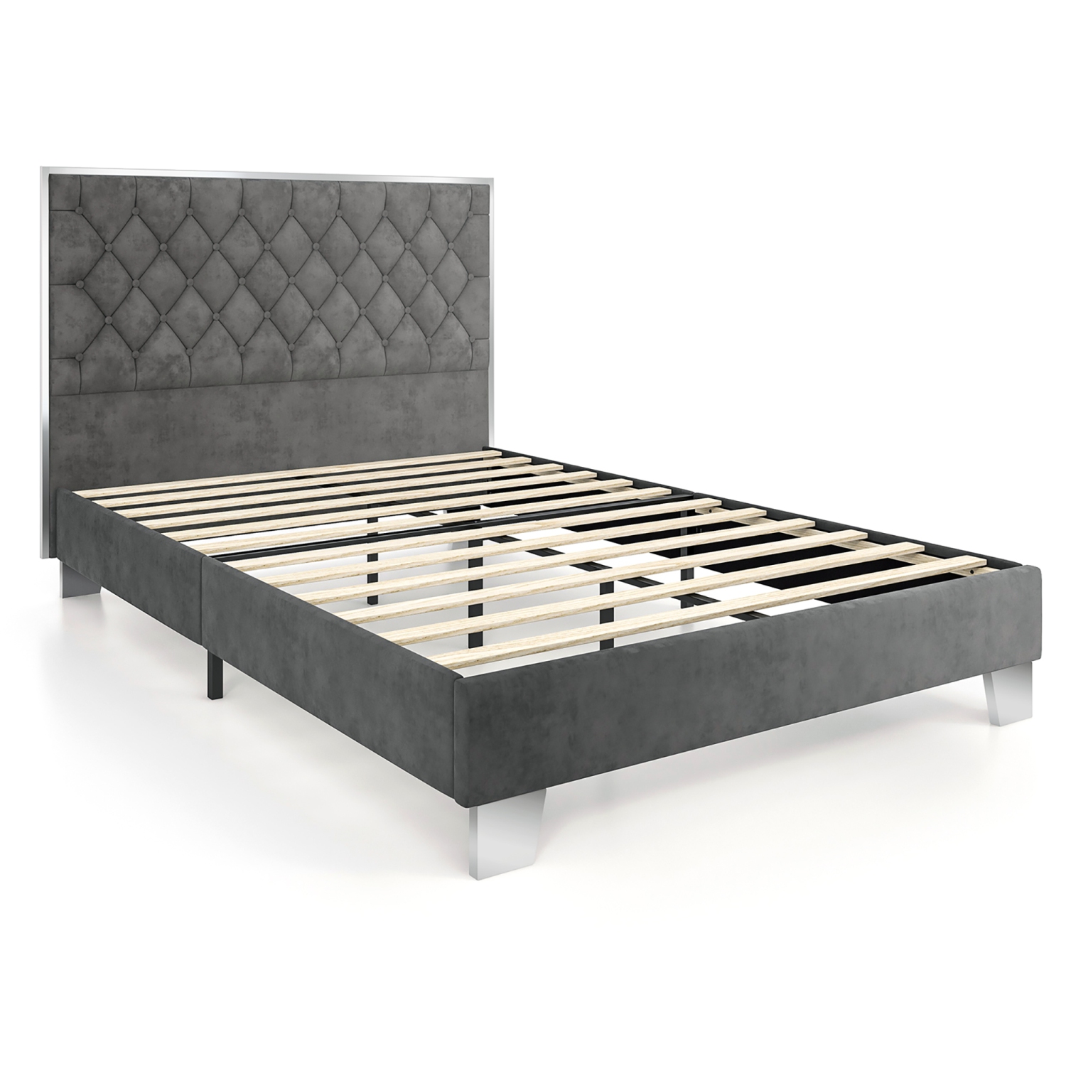 Costway Full/Queen Upholstered Bed Mattress Foundation with Button Tufted Velvet Headboard