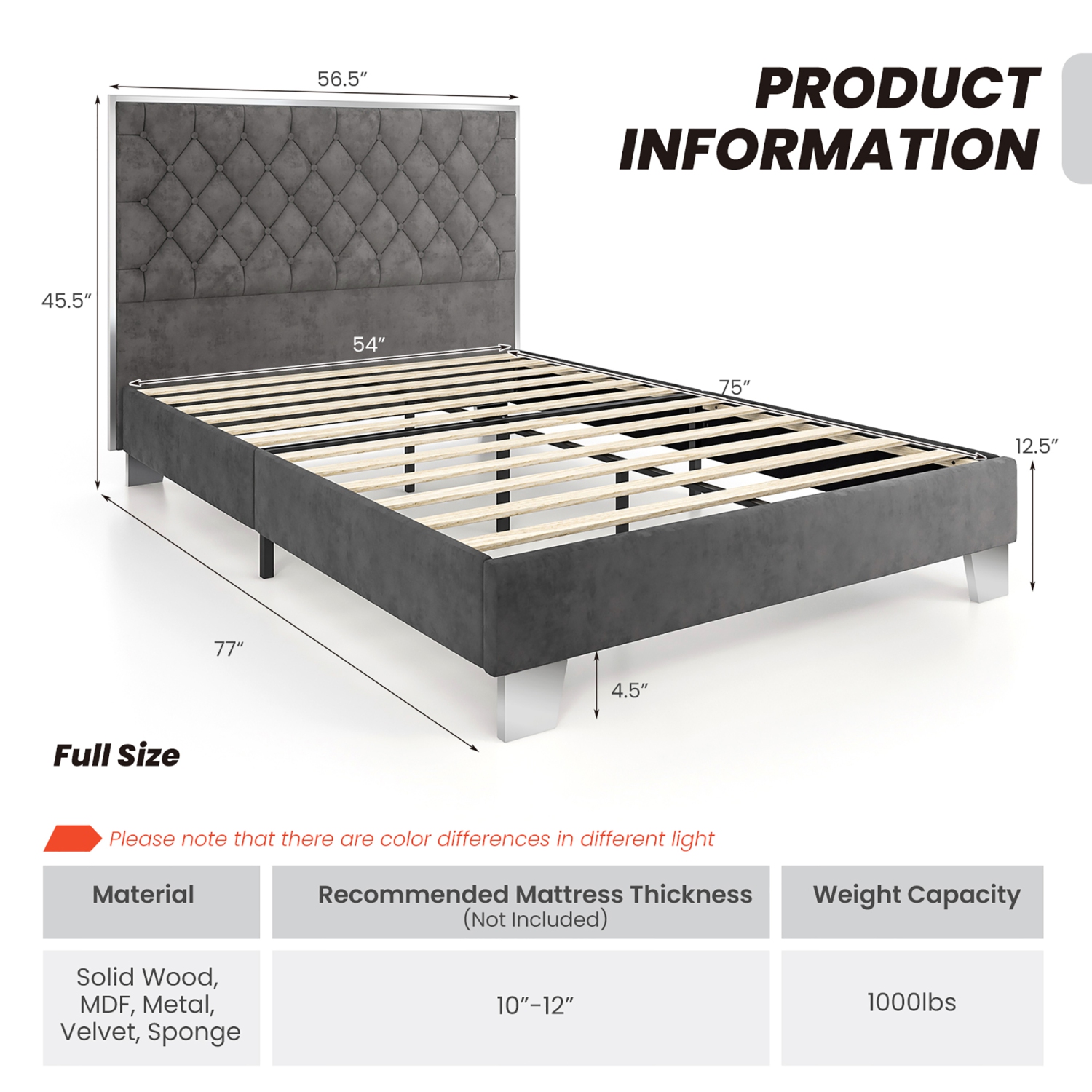 Costway Full/Queen Upholstered Bed Mattress Foundation with Button Tufted Velvet Headboard