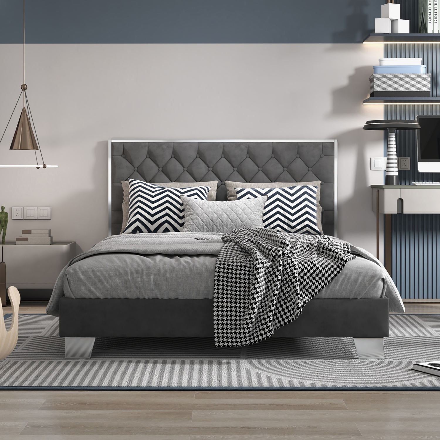 Costway Full/Queen Upholstered Bed Mattress Foundation with Button Tufted Velvet Headboard