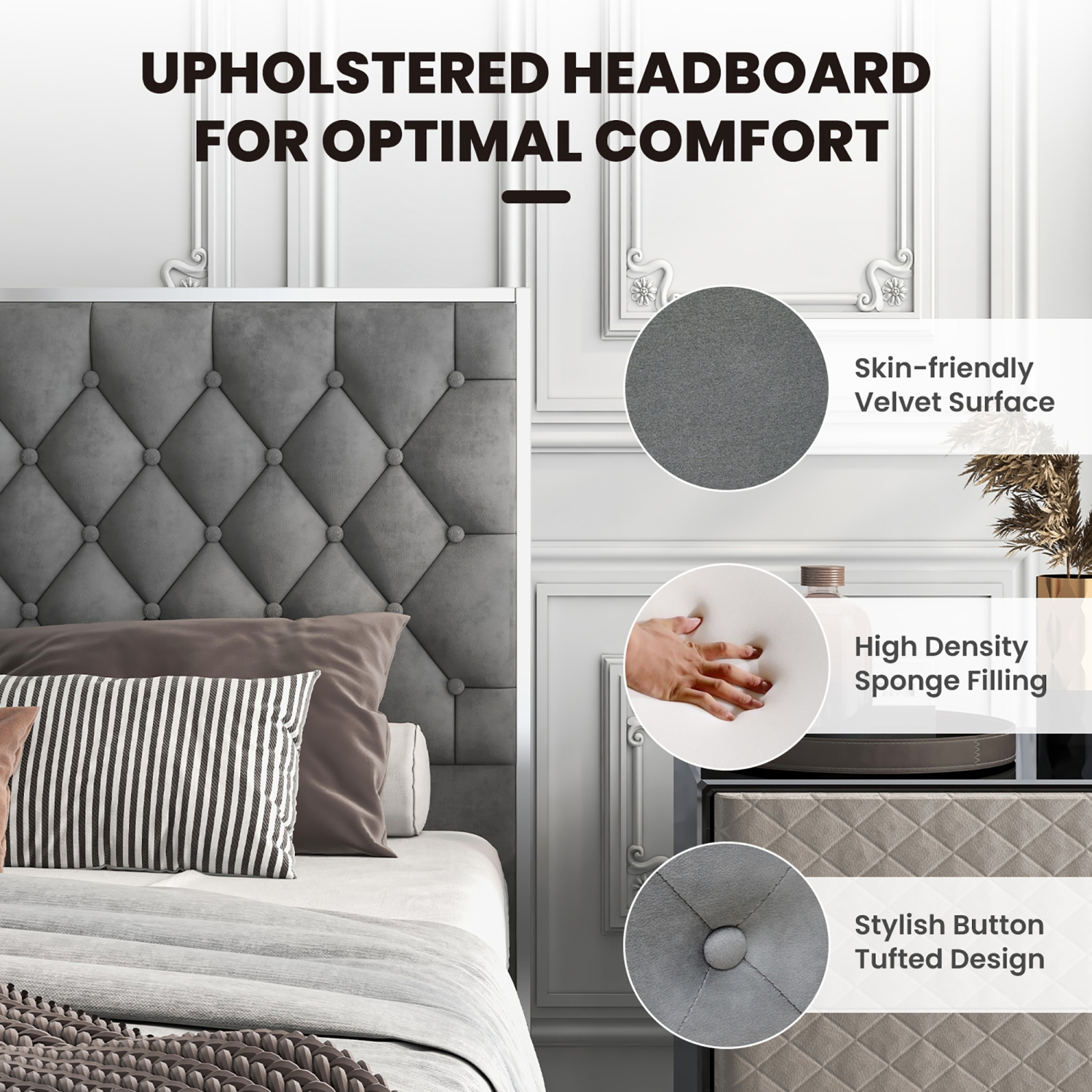 Costway Full/Queen Upholstered Bed Mattress Foundation with Button Tufted Velvet Headboard