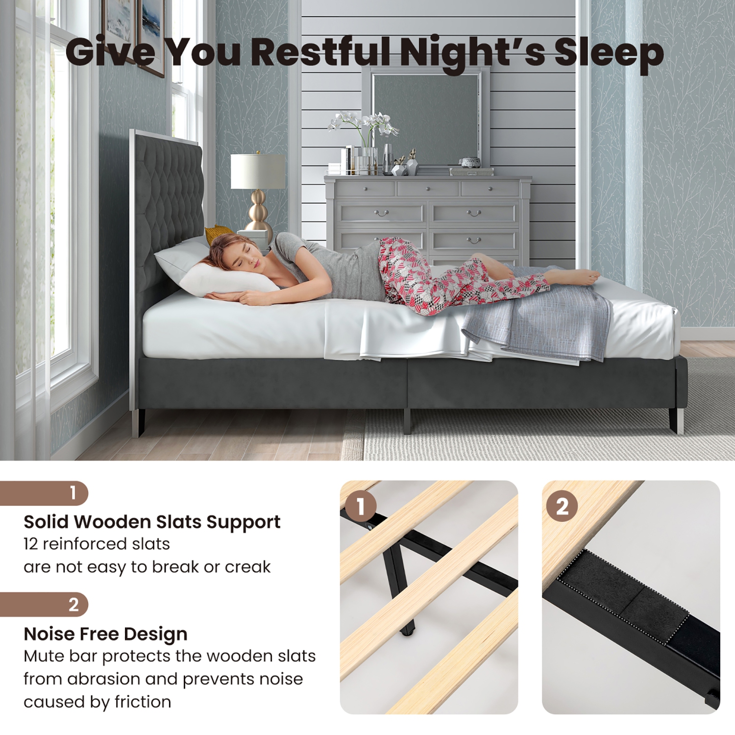 Costway Full/Queen Upholstered Bed Mattress Foundation with Button Tufted Velvet Headboard