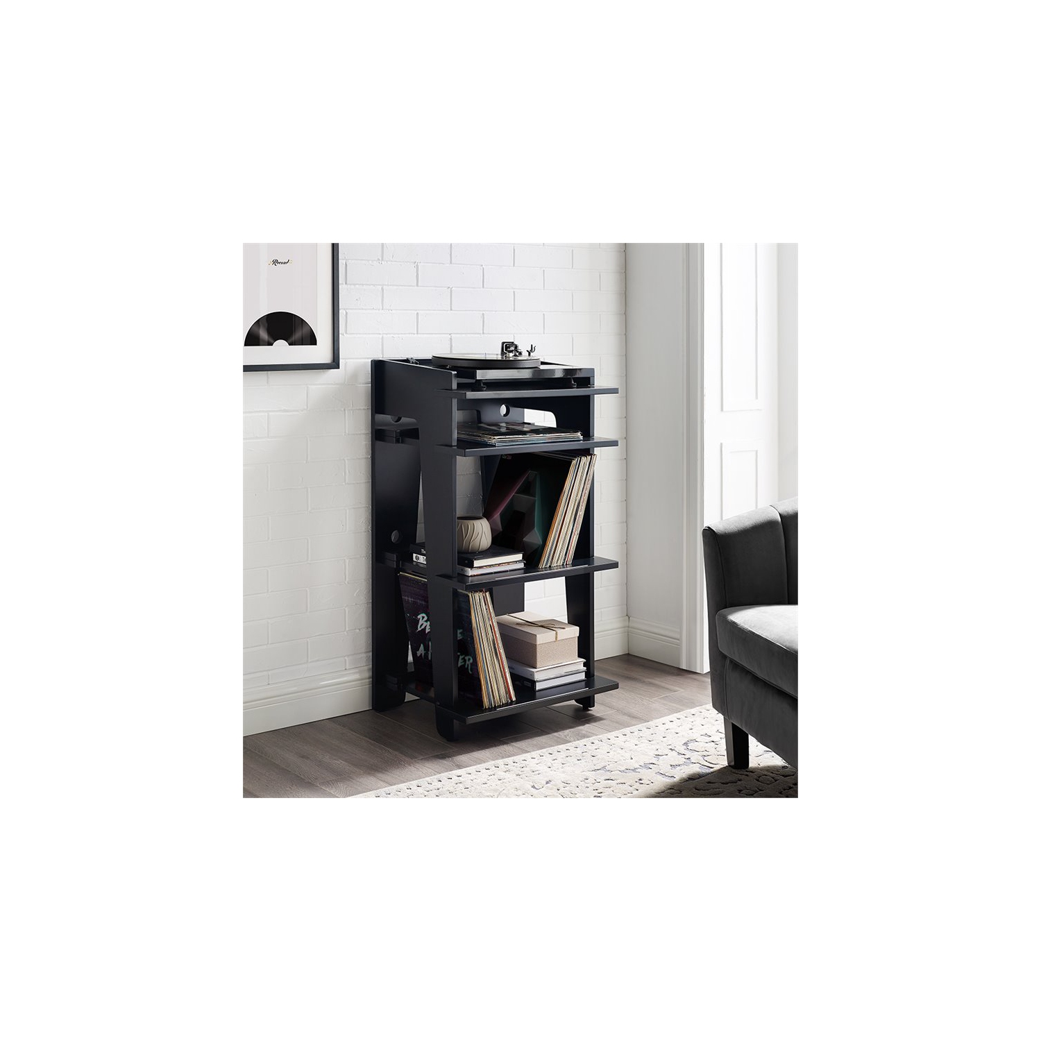 Crosley Furniture Soho MDF Wood and Birch Veneer Turntable Stand in Black