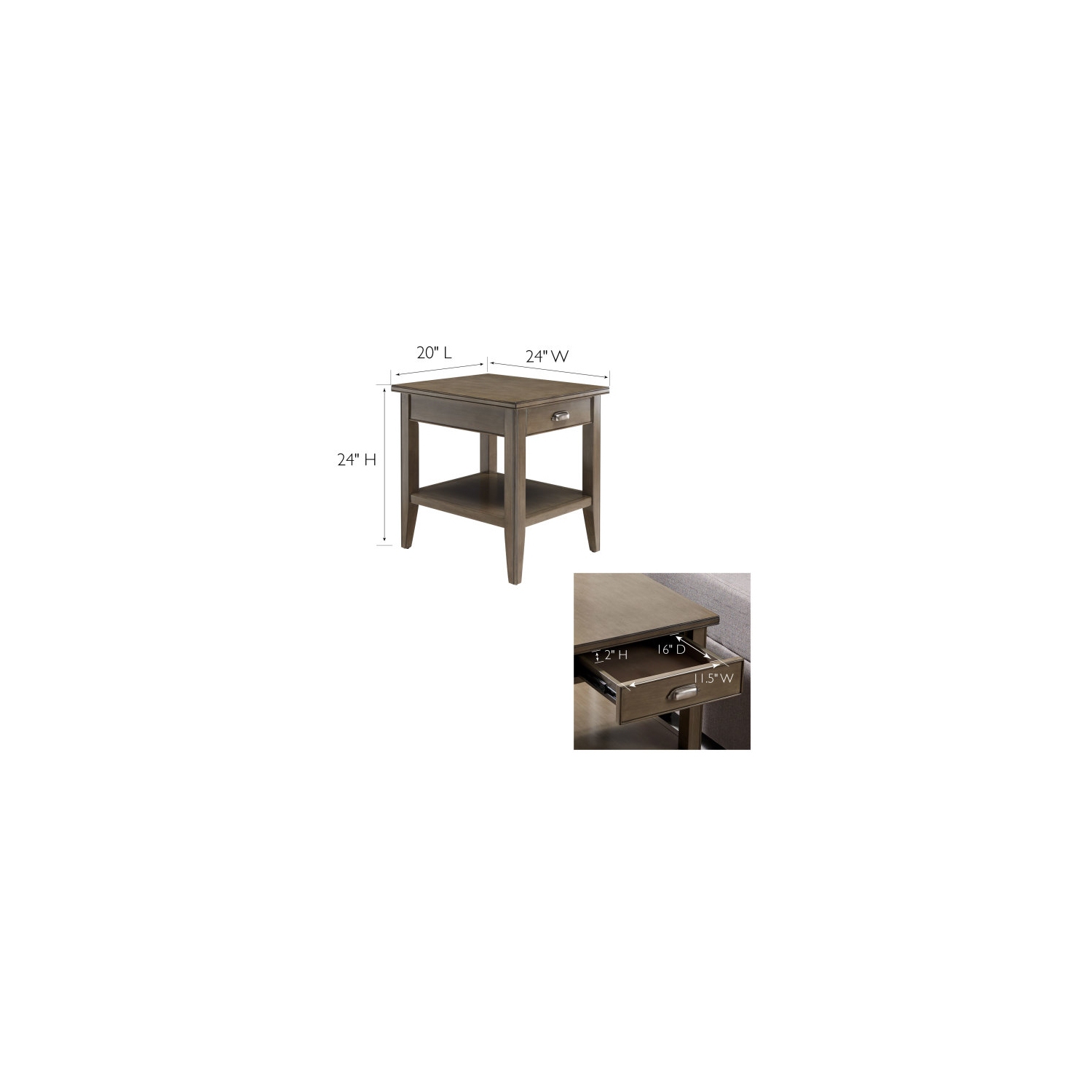 Leick Furniture Laurent 24"H End Table with Drawer and Display Shelf in Gray