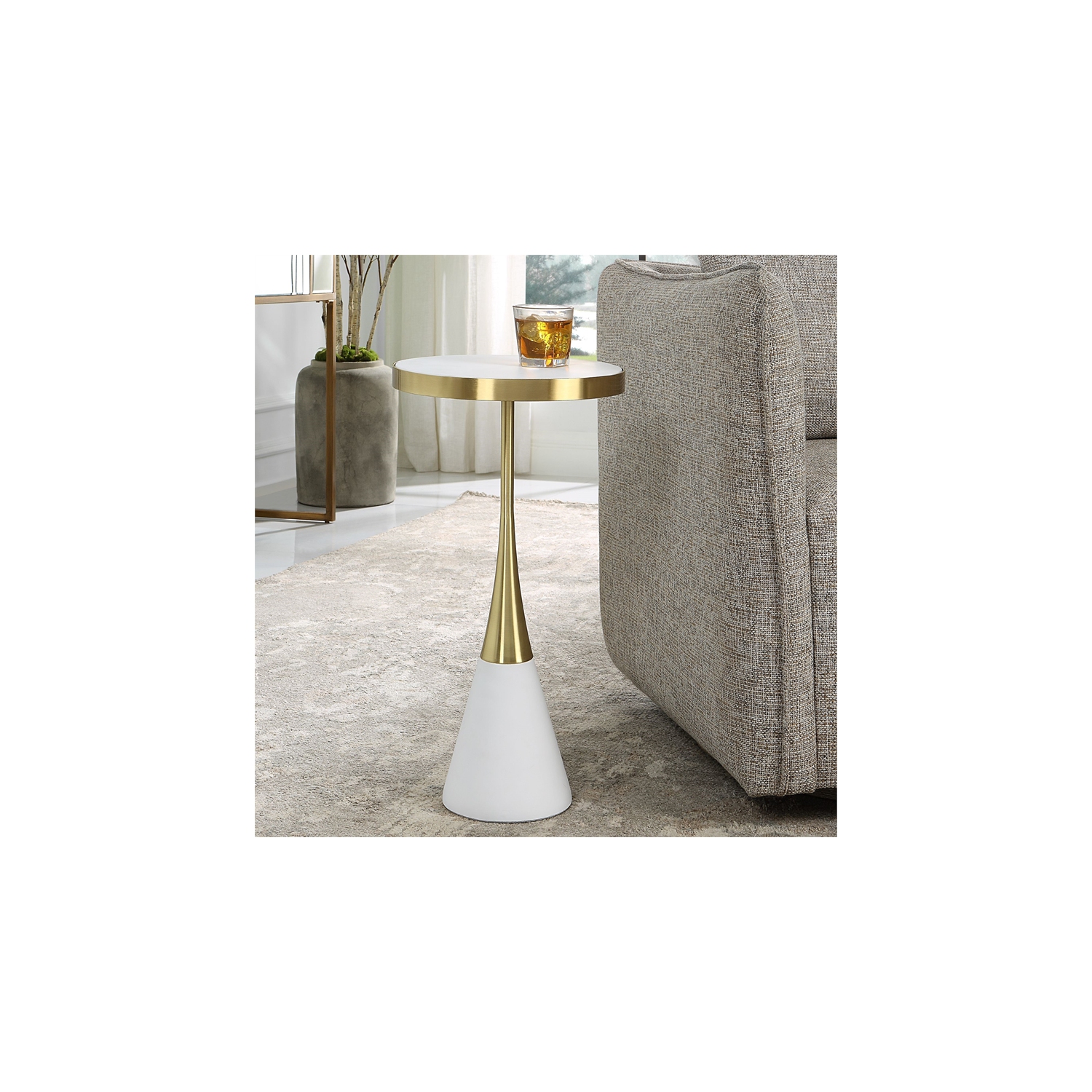 Uttermost Apex Contemporary Concrete and Metal Accent Table in Brass/White