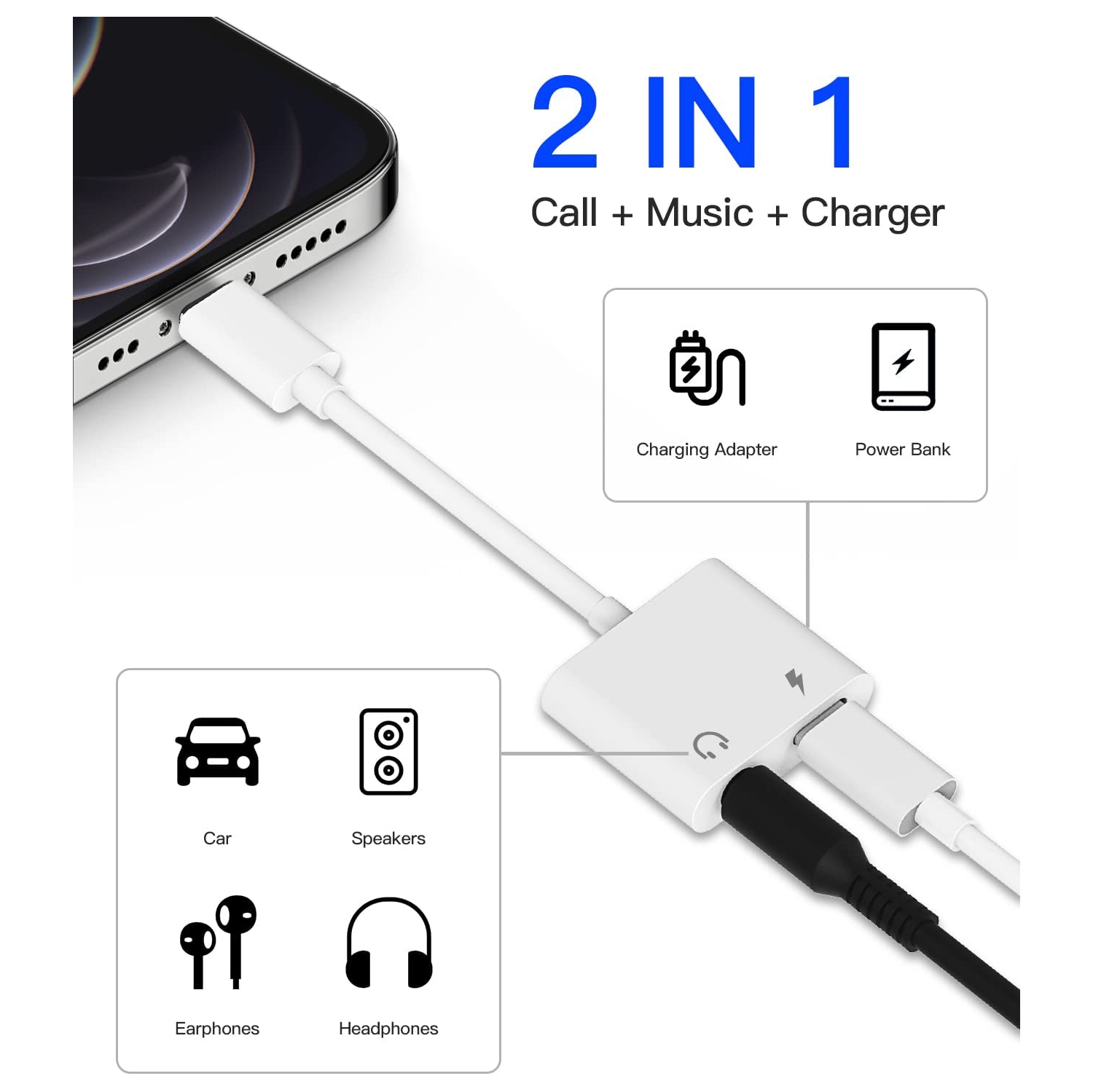 Iphone AUX Adapter for Headphone Jack Cable(2pack)2 in 1 Lightning to 3.5mm Splitter Dongle Charger Audio Cord