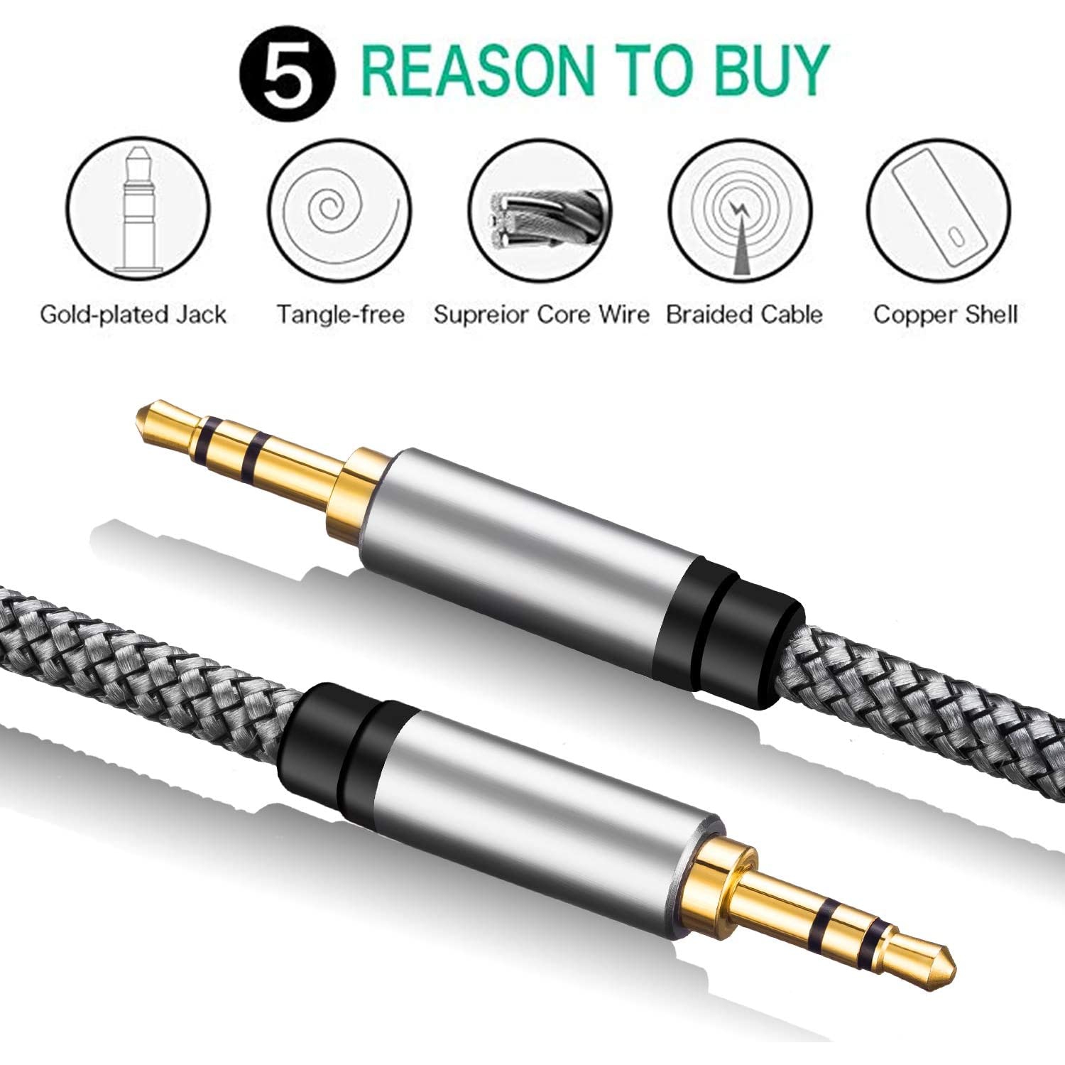 Aux Cable 1Ft, 3.5mm Male to Male Auxiliary Audio Stereo Cord Compatible with Car,Headphones, iPods, iPhones,