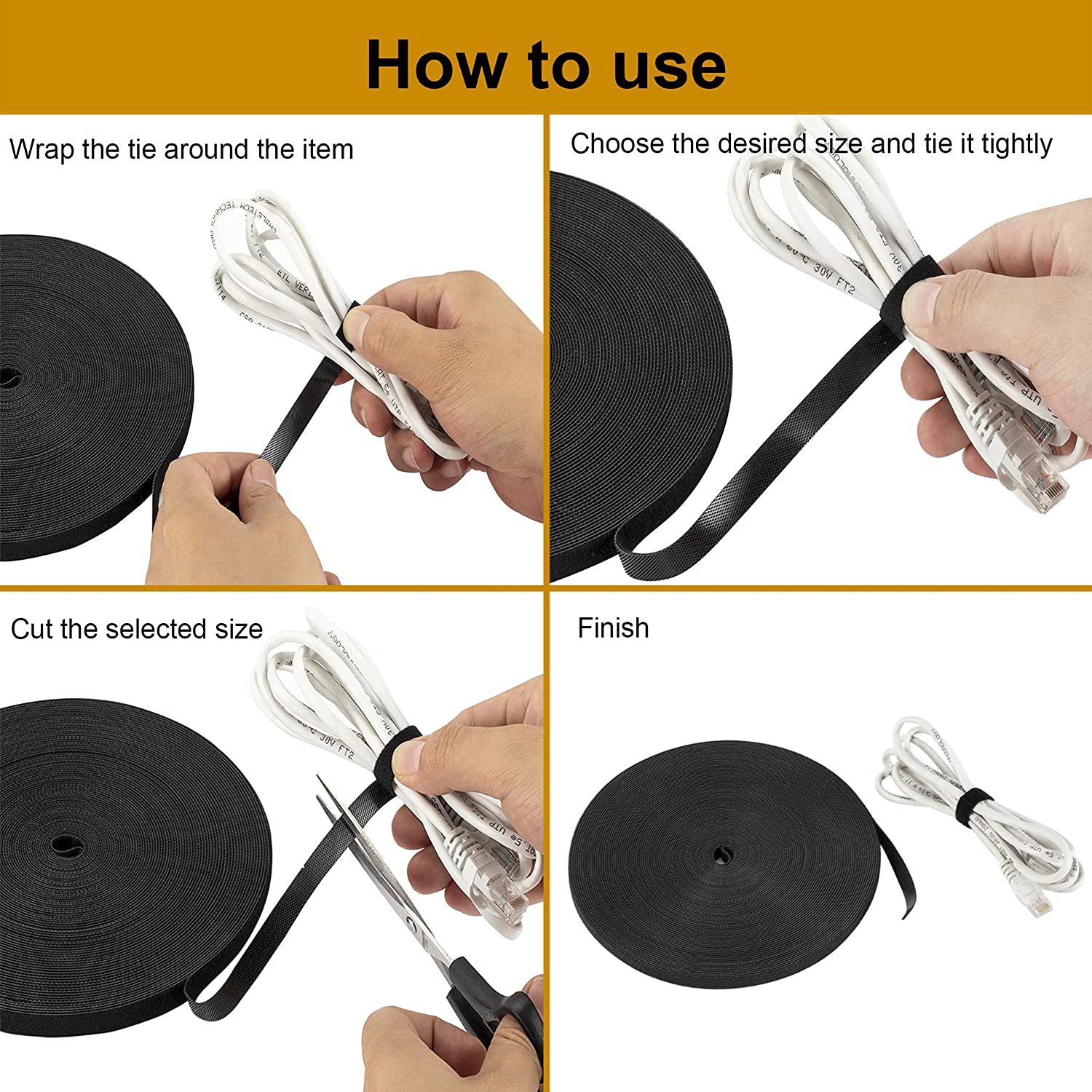 Ruban de fixation réutilisable de 1/2 po attaches de câbles double-face auto-agrippant ruban de gestion des câbles