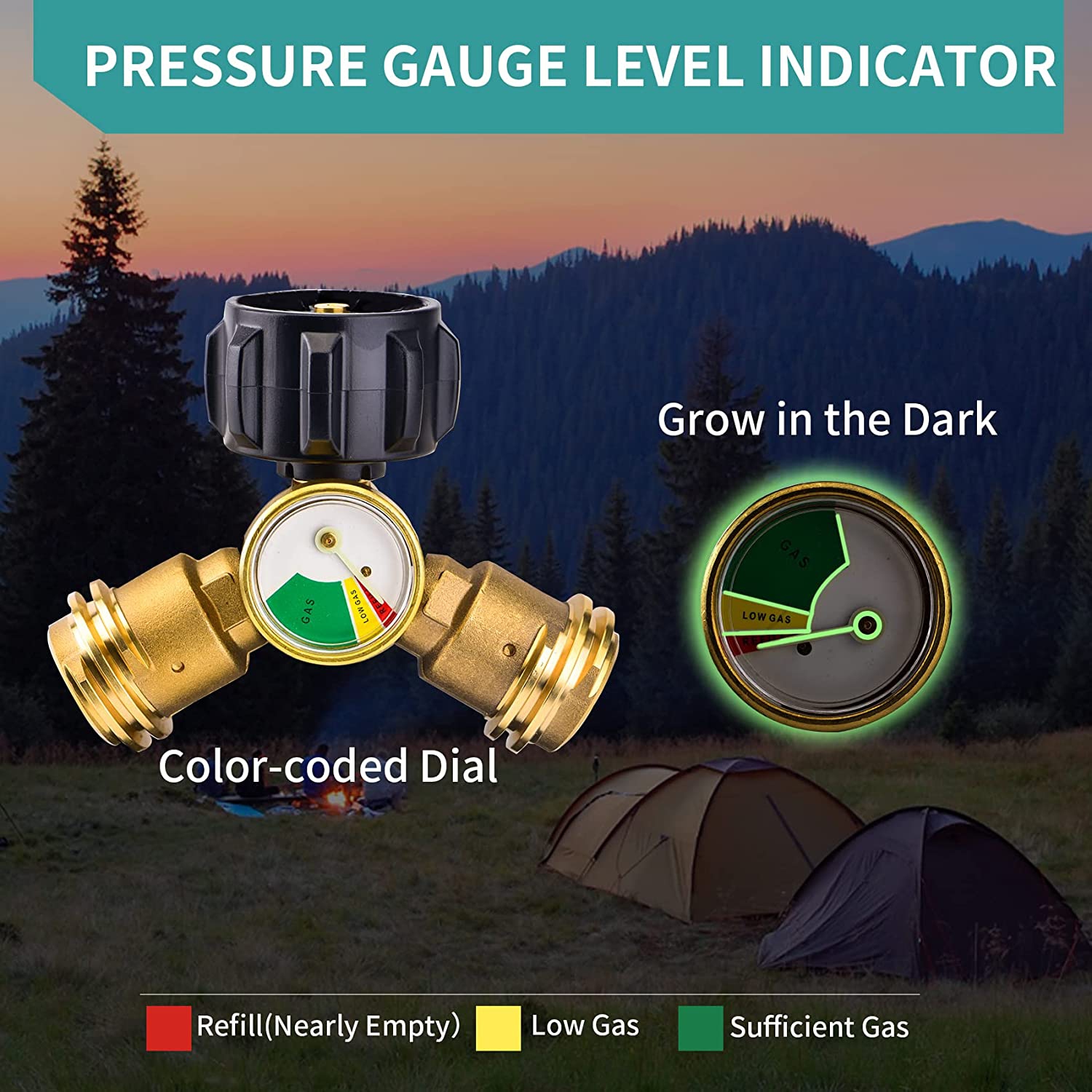 Propane Tank Y Splitter Adapter with Gauge - 2 Way Propane Splitter - LP Gas Adapter Tee Connector for 20lb