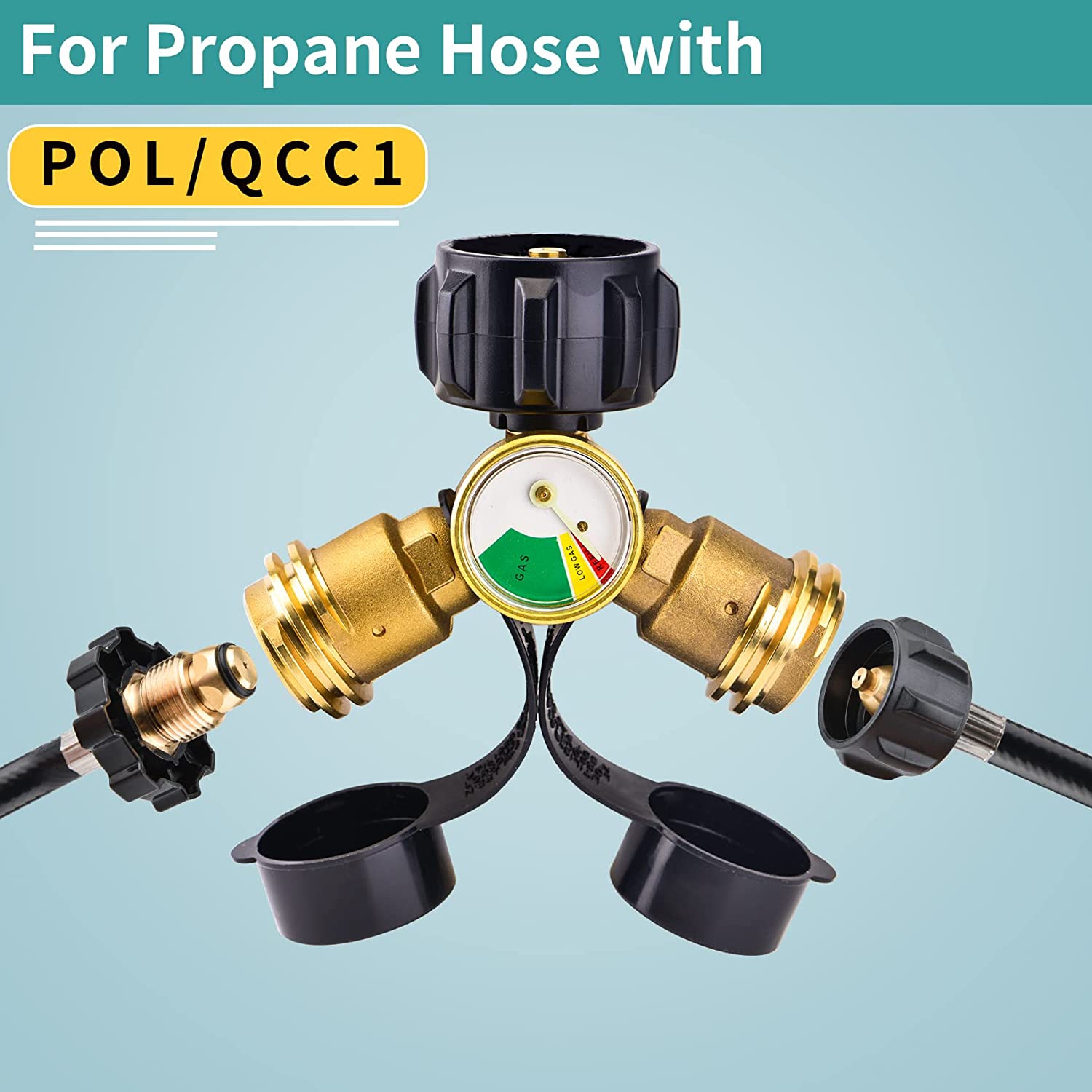 Propane Tank Y Splitter Adapter with Gauge - 2 Way Propane Splitter - LP Gas Adapter Tee Connector for 20lb