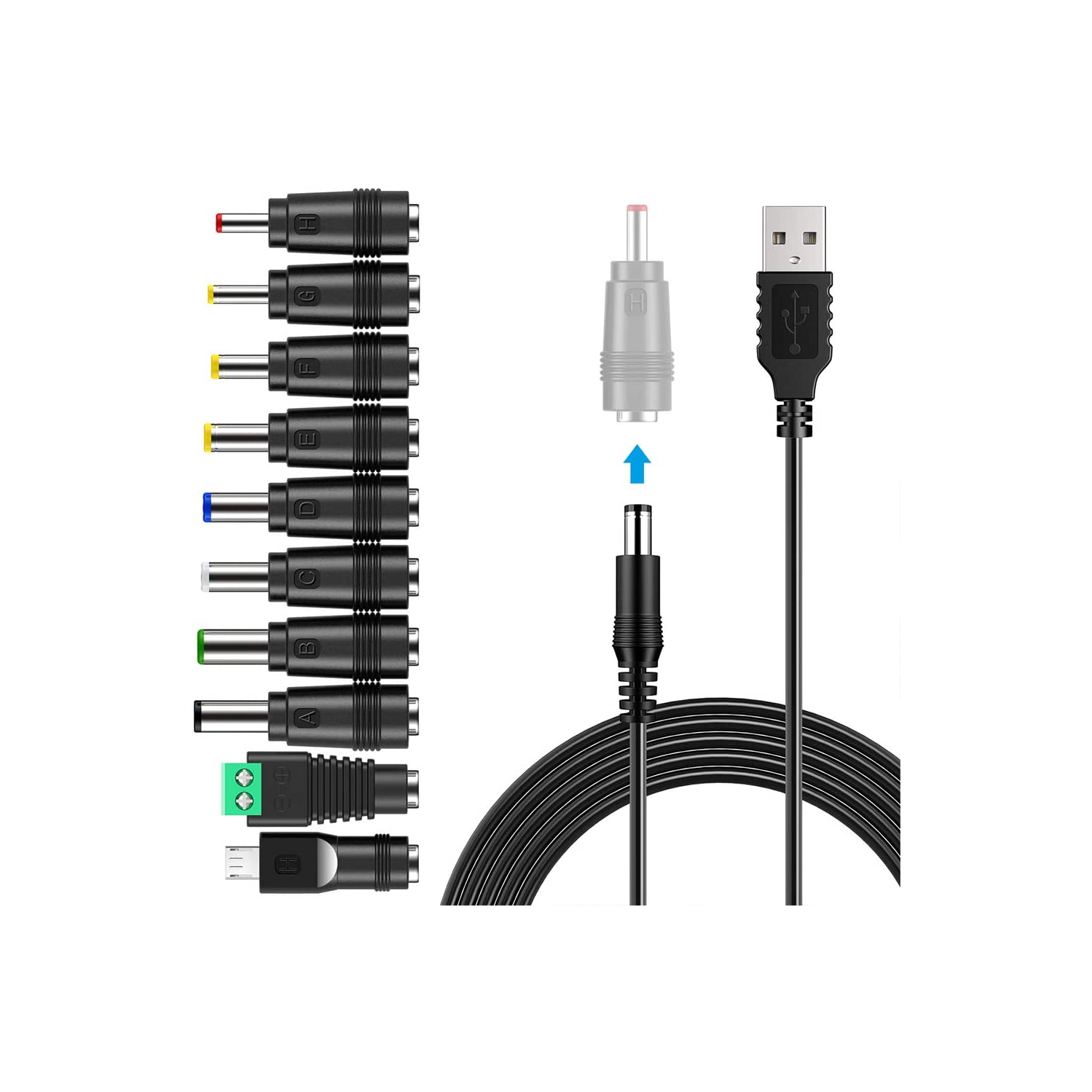 USB to DC Power Cable, 10 in 1 Universal USB to DC Jack Charging Cable Power Cord with 10 Interchangeable Plugs
