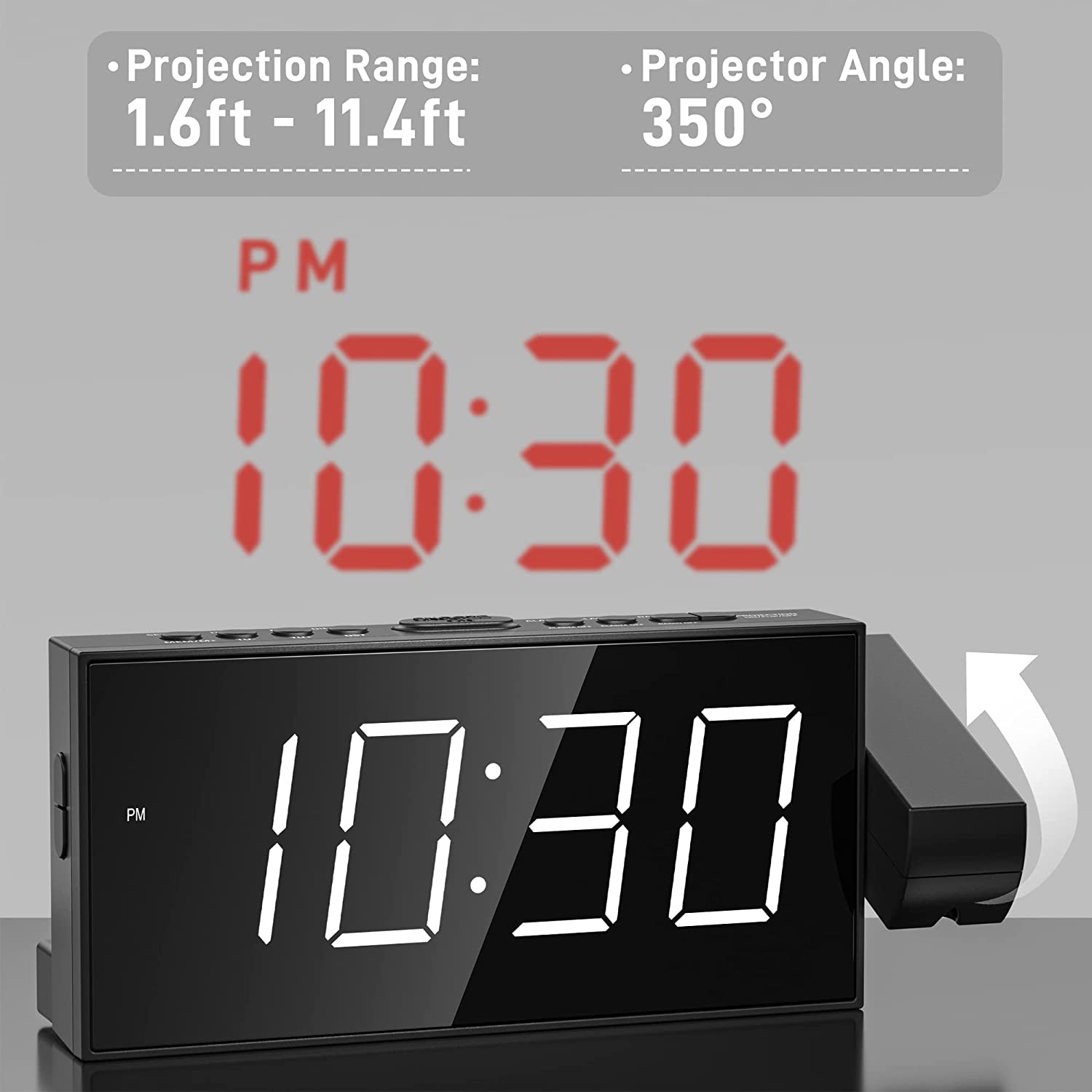 Digital Alarm Clock for Bedroom, 180°Projection Fm Radio, Loud Dual Alarms Clock for Heavy Sleepers , Wall