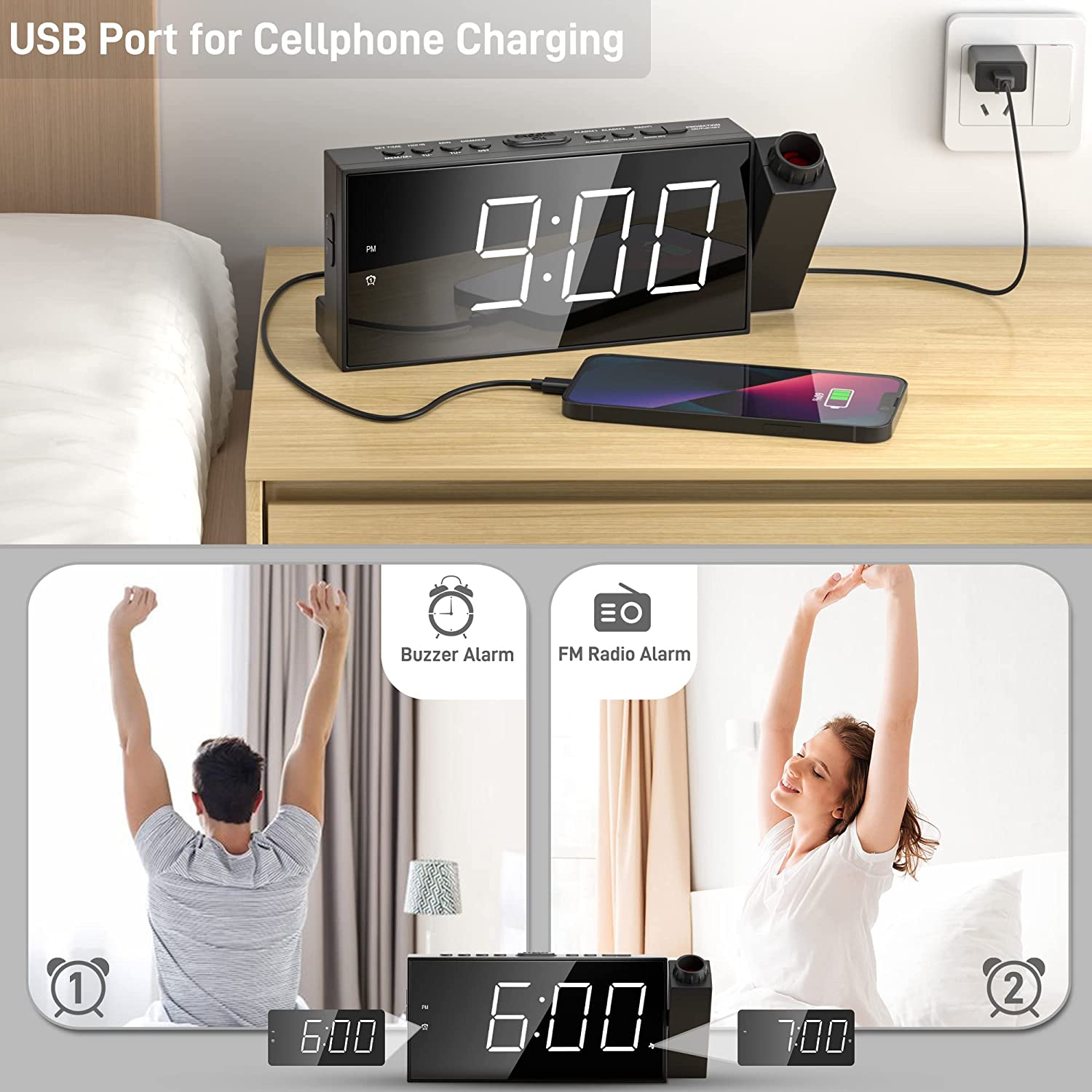 Digital Alarm Clock for Bedroom, 180°Projection Fm Radio, Loud Dual Alarms Clock for Heavy Sleepers , Wall