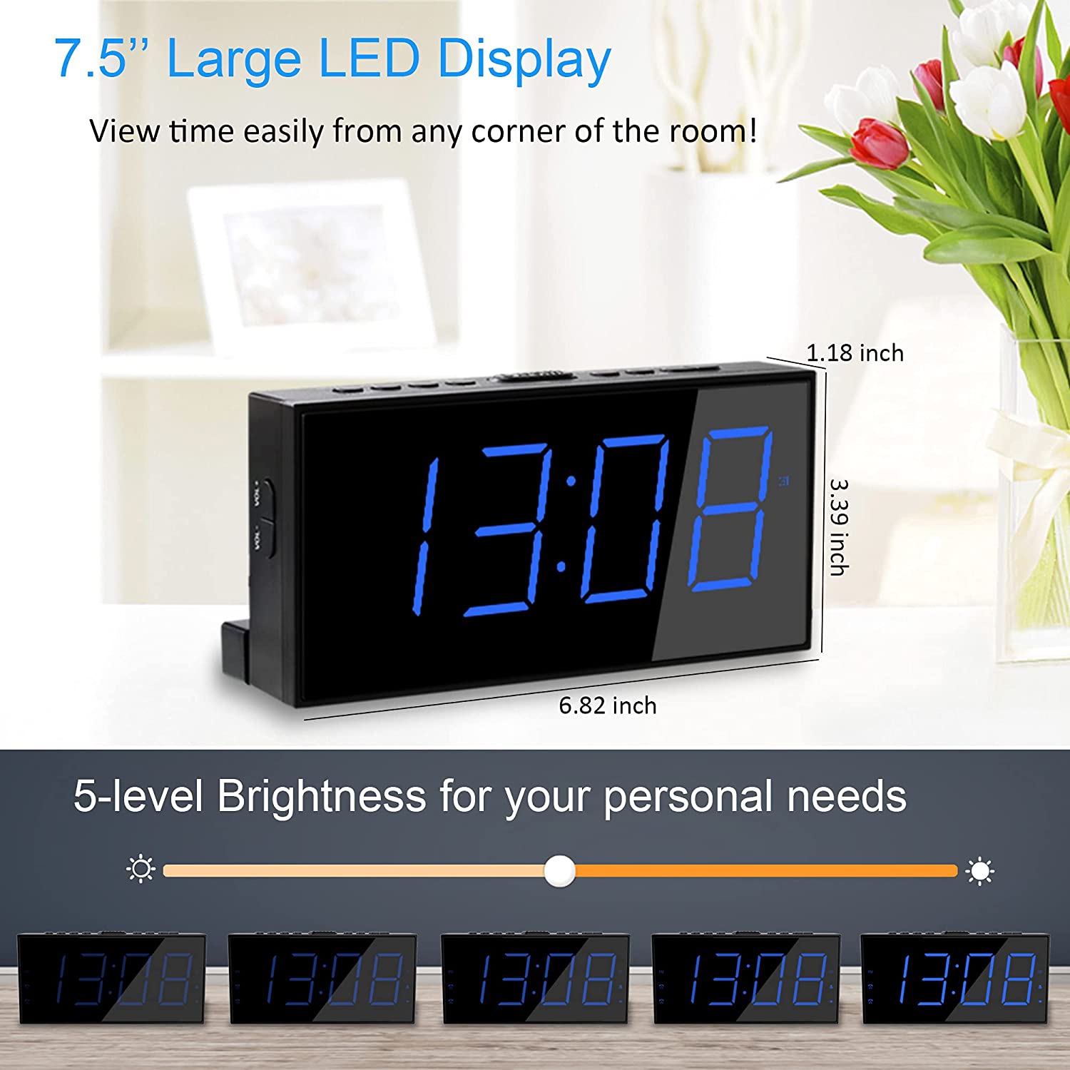 Alarm Clocks for Bedrooms,Digital Clock with 7.5''Large LED Display,Dual Alarms,USB Charging Port,5 Brightness,4