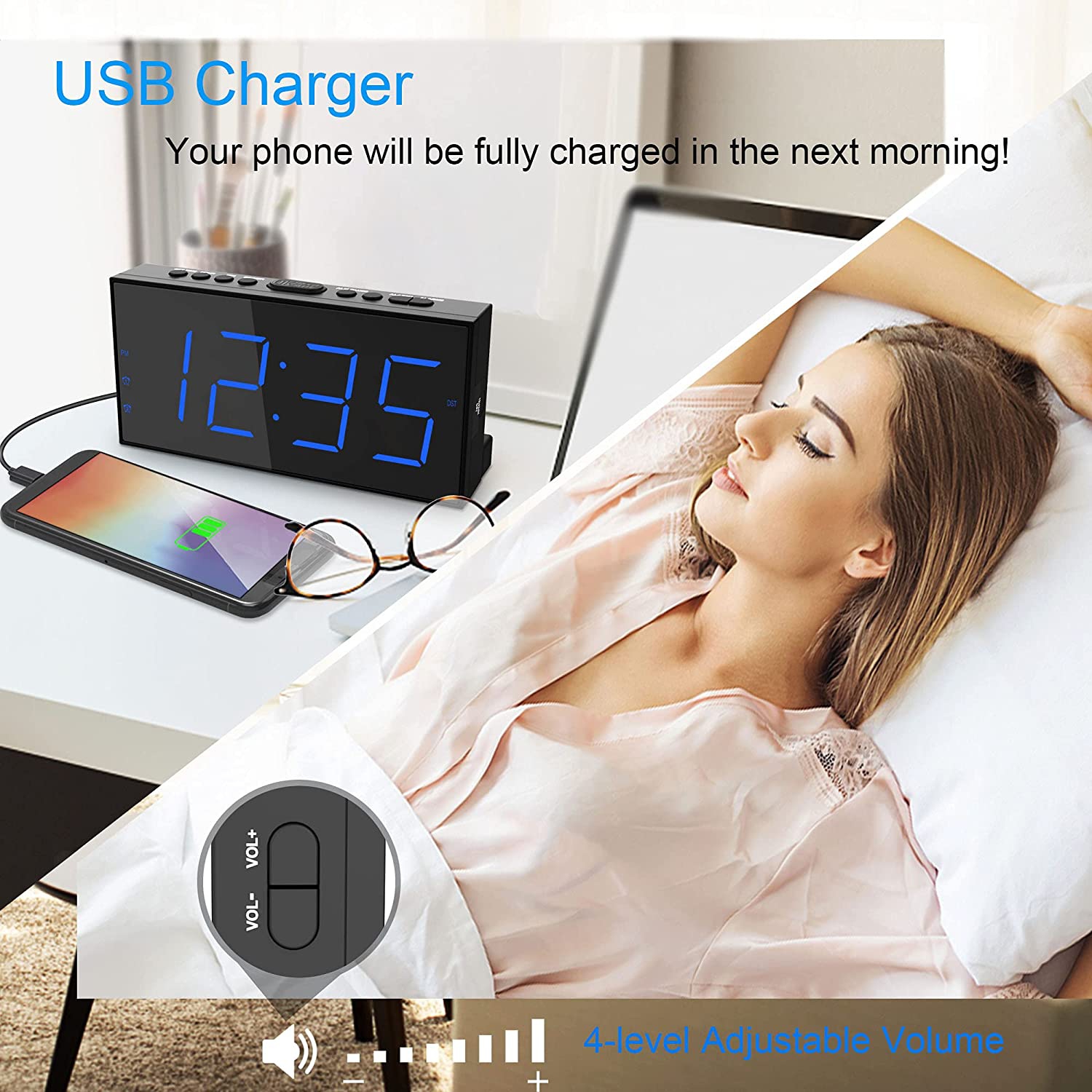 Alarm Clocks for Bedrooms,Digital Clock with 7.5''Large LED Display,Dual Alarms,USB Charging Port,5 Brightness,4