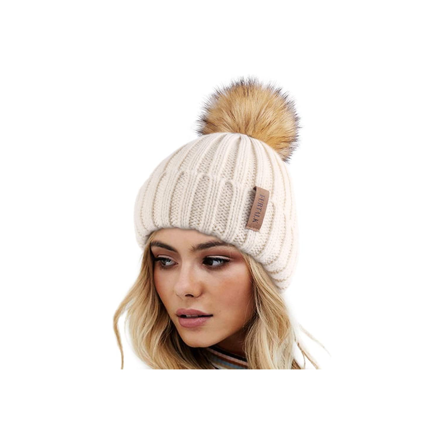 Tuque tricot d'hiver pour femmes avec revers en similifourrure molletonné pour femmes