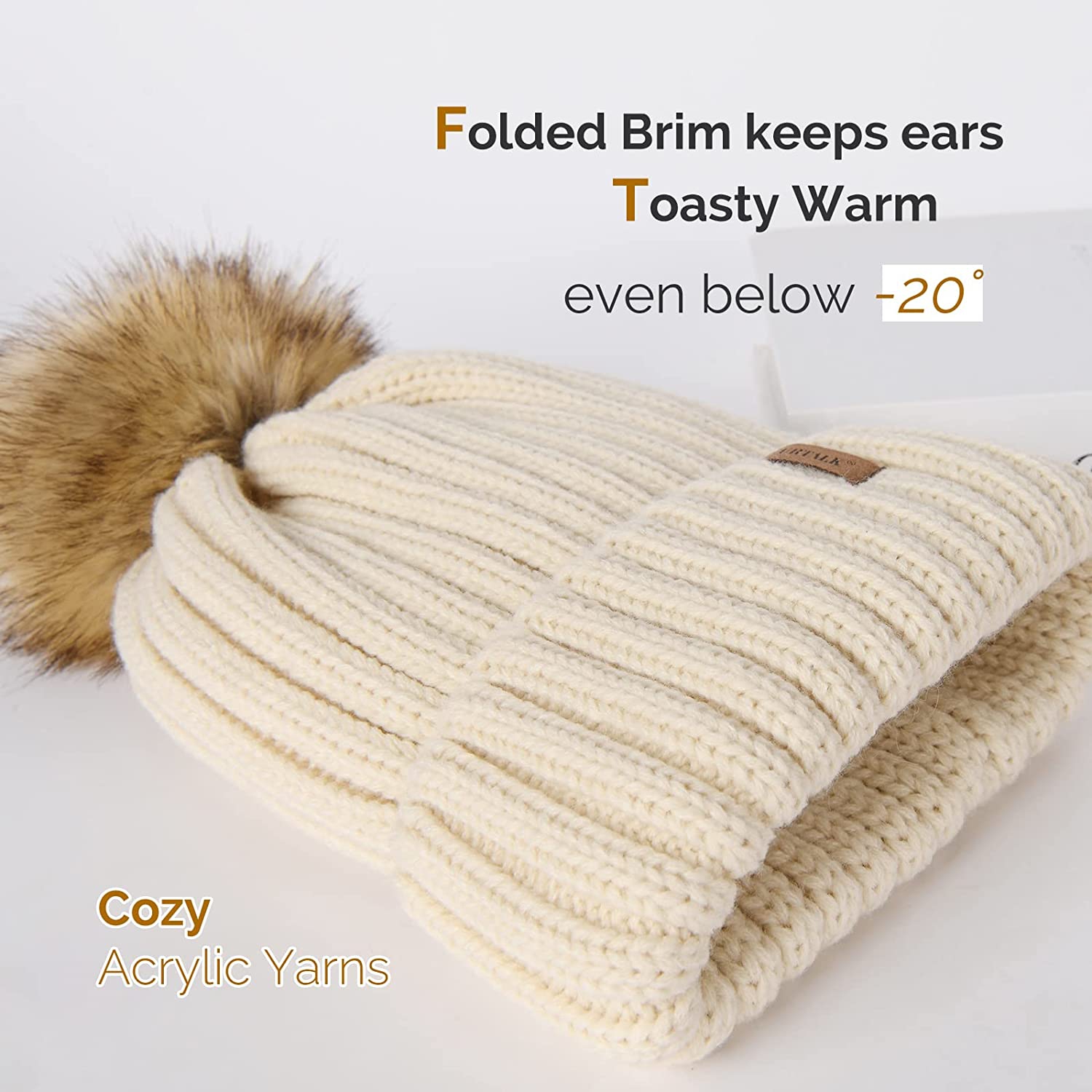 Tuque tricot d'hiver pour femmes avec revers en similifourrure molletonné pour femmes