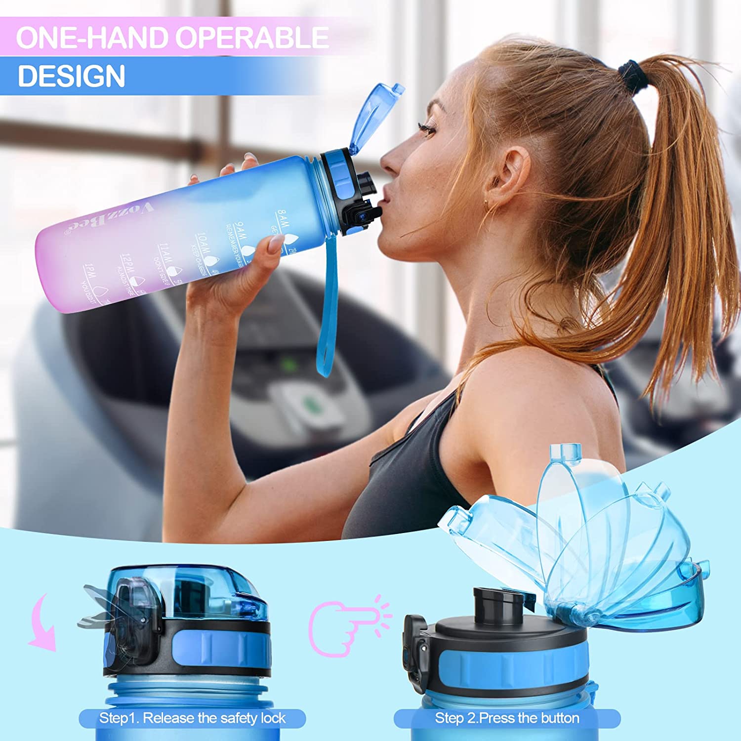 Water Bottles, 32oz Motivational Water Bottle with Time Markings, Leakproof Tritan Sports Water Bottle