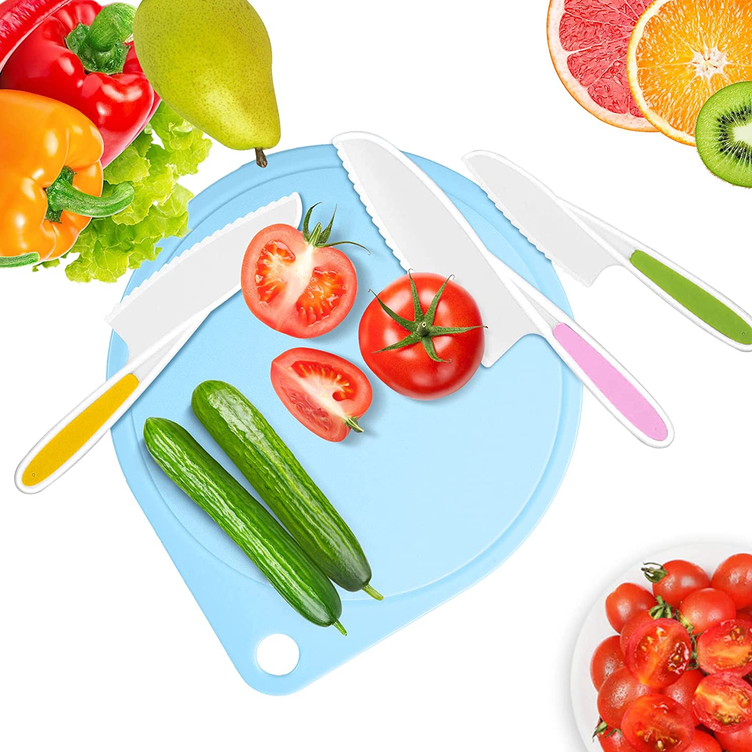 LEEFE Kids Knife Set, Children's Cooking Knives in 3 Sizes and Plastic Cutting Board/Firm Grip, Serrated Edges,