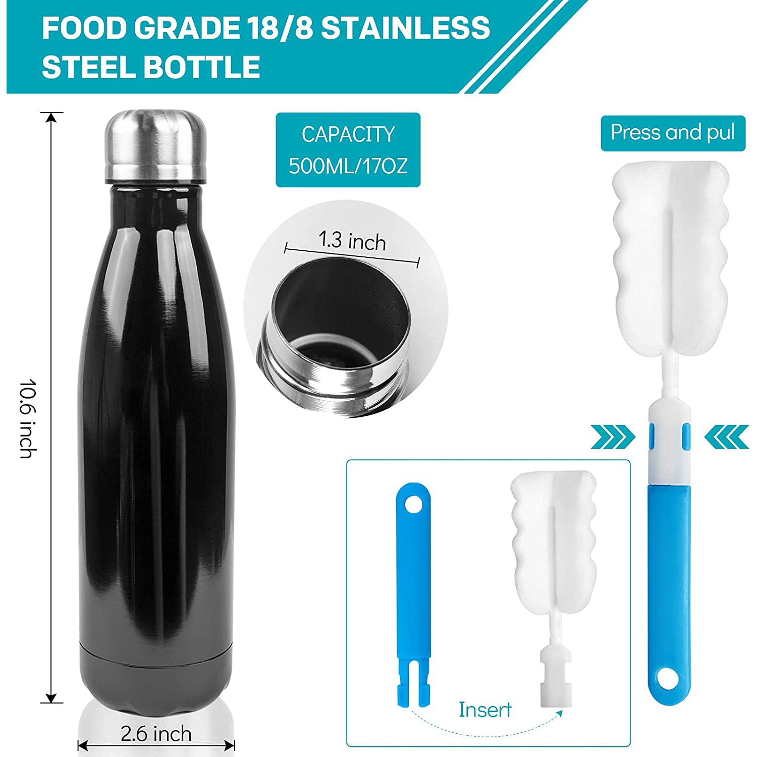 Insulated Water Bottle, 17oz Stainless Steel Water Bottles, Double Wall Vacuum Reusable Water Bottles Leak Proof