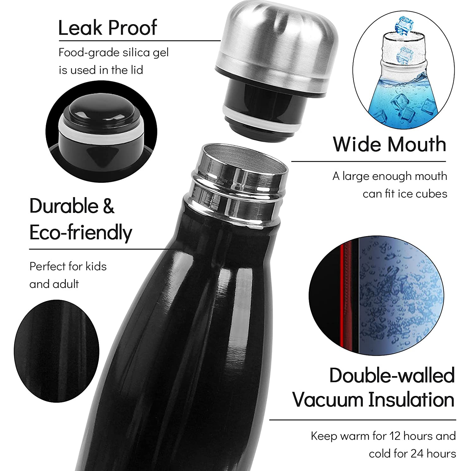Insulated Water Bottle, 17oz Stainless Steel Water Bottles, Double Wall Vacuum Reusable Water Bottles Leak Proof