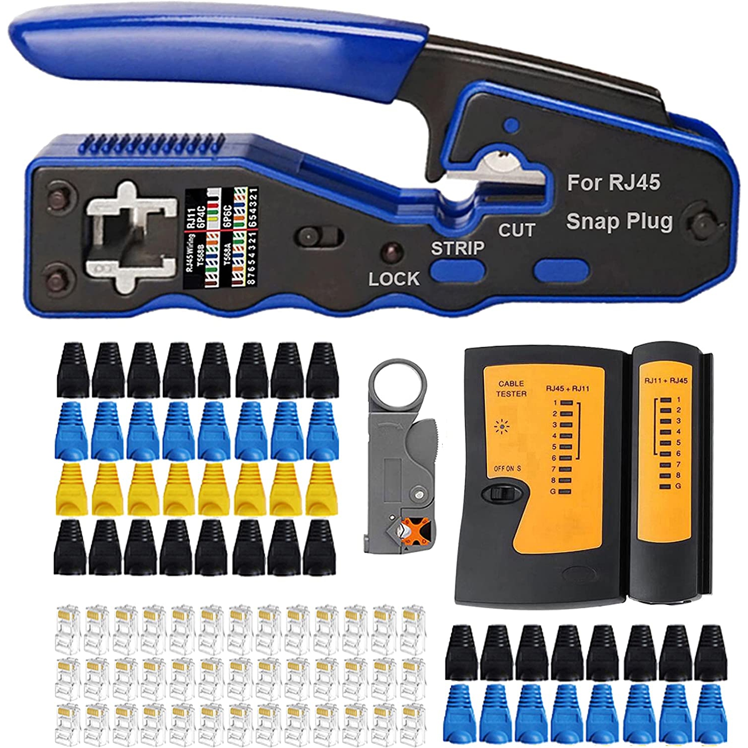 TAIWAIN RJ45 Crimp Network Tool for Cat5 Cat6 Pass Through Stripper Cutter Tool Kit, Wire Crimping Cutter Cable Tester,