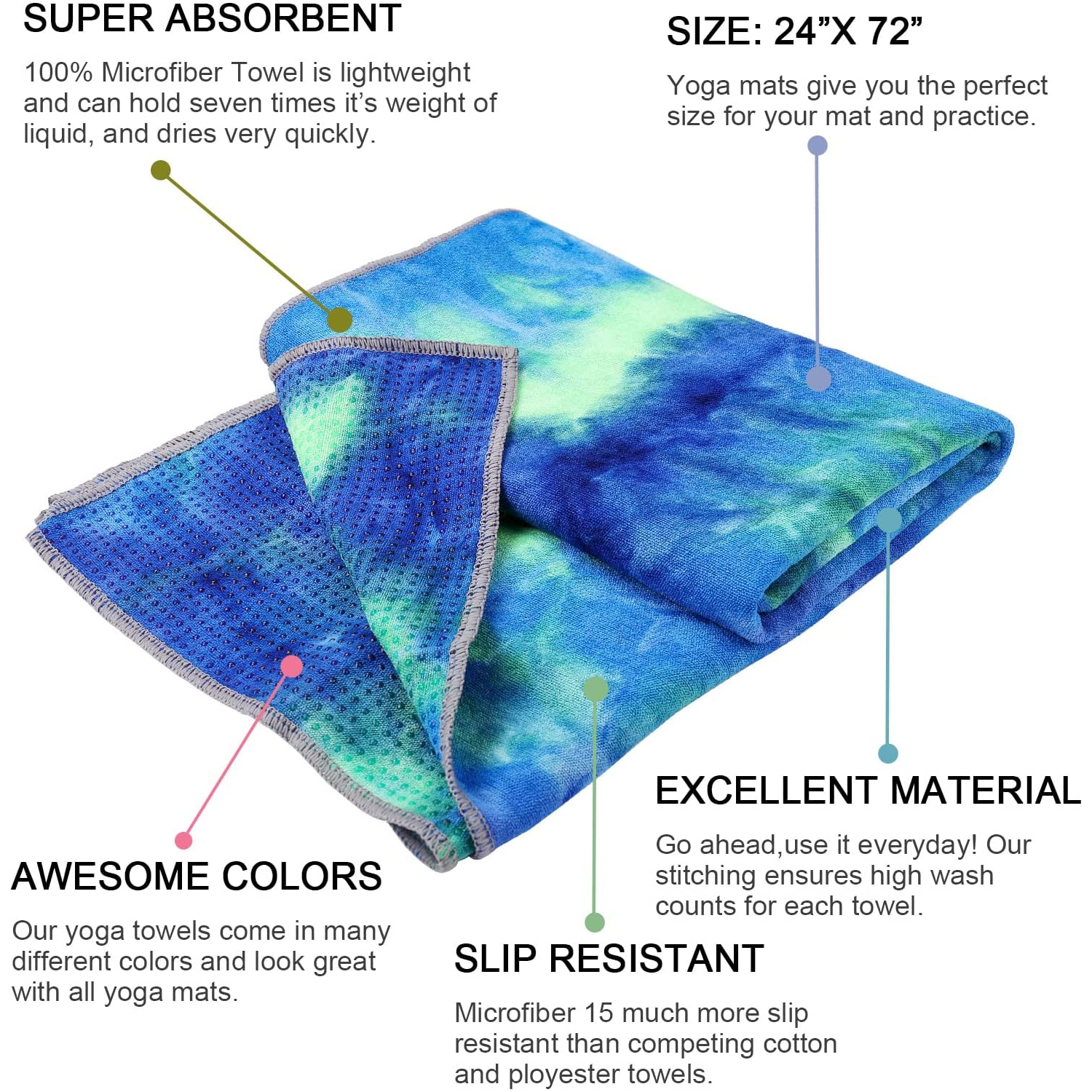 Tapis à serviettes de yoga Perfect Yoga | 72 x 24 po taille parfaite pour le tapis – très doux, absorbant la transpiration et antidérapant chaud