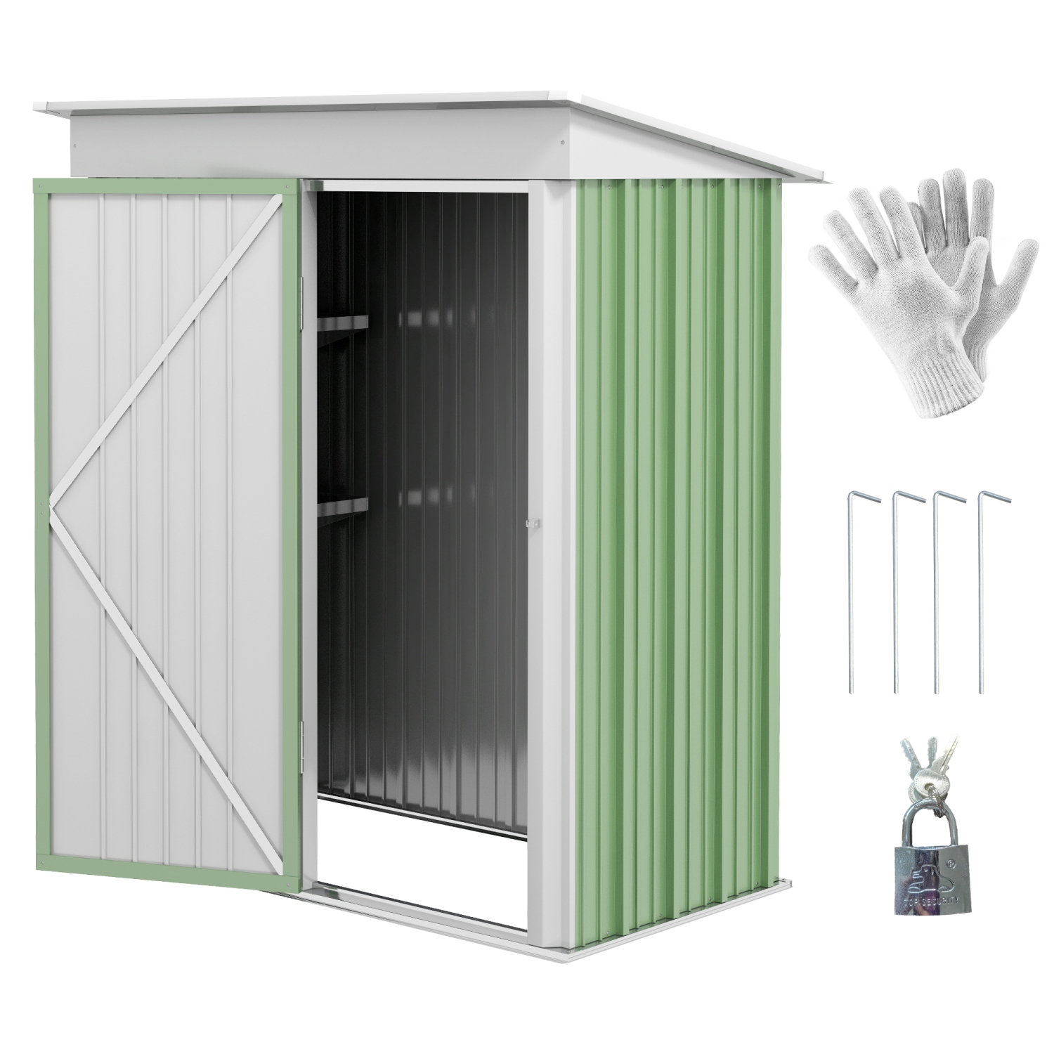 Outsunny 5' x 3' Steel Outdoor Storage Shed, Lean-to Garden Shed with Adjustable Shelf, Foundation Kit, Lock and Gloves for Lawn Mower, Tool, Patio,