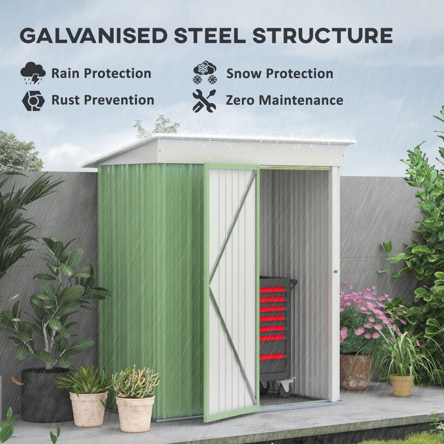 Outsunny 5' x 3' Steel Outdoor Storage Shed, Lean-to Garden Shed with Adjustable Shelf, Foundation Kit, Lock and Gloves for Lawn Mower, Tool, Patio,