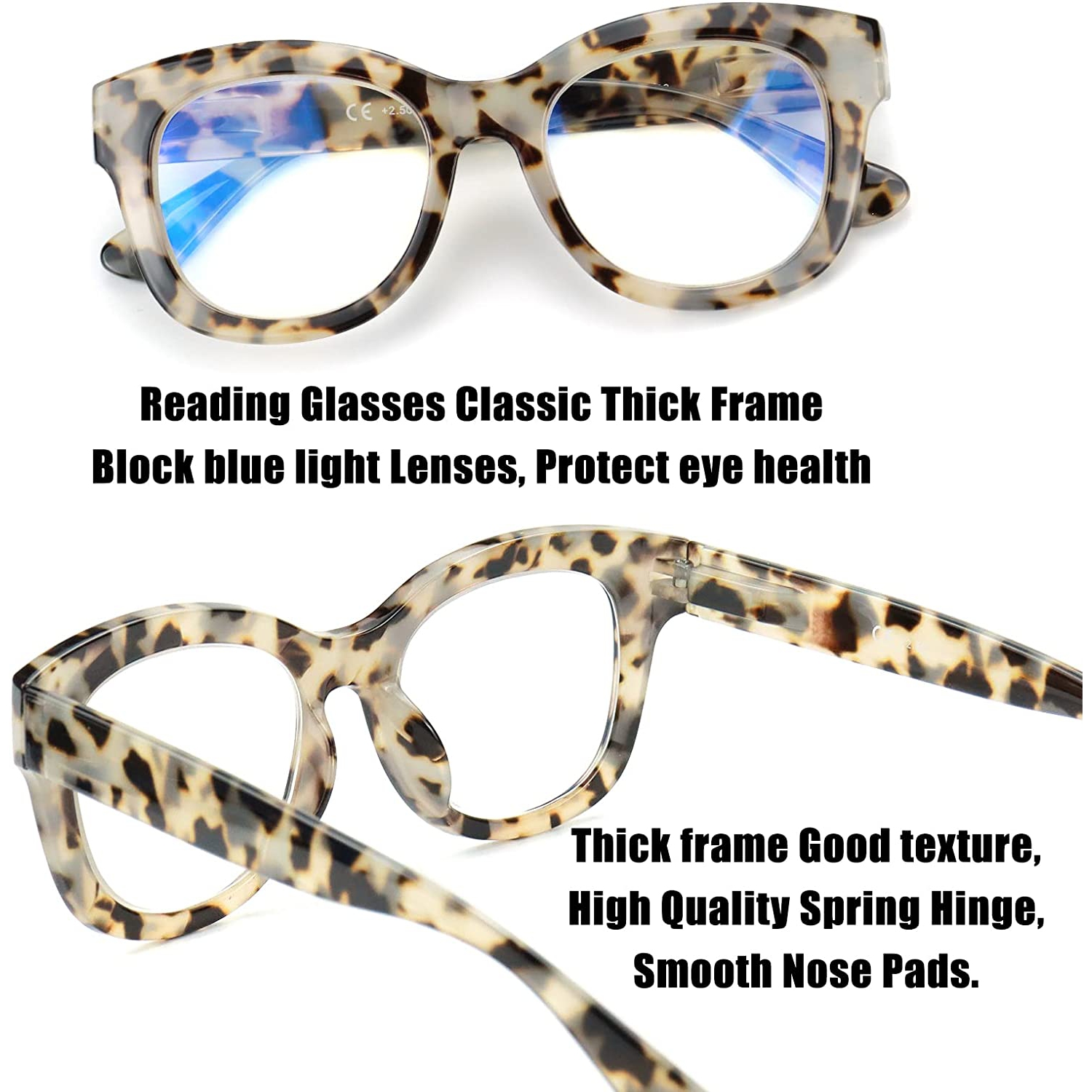 Retro Oversized Reading Glasses for Women Blue Light Blocking Computer Readers with Spring hinge Thick Frame