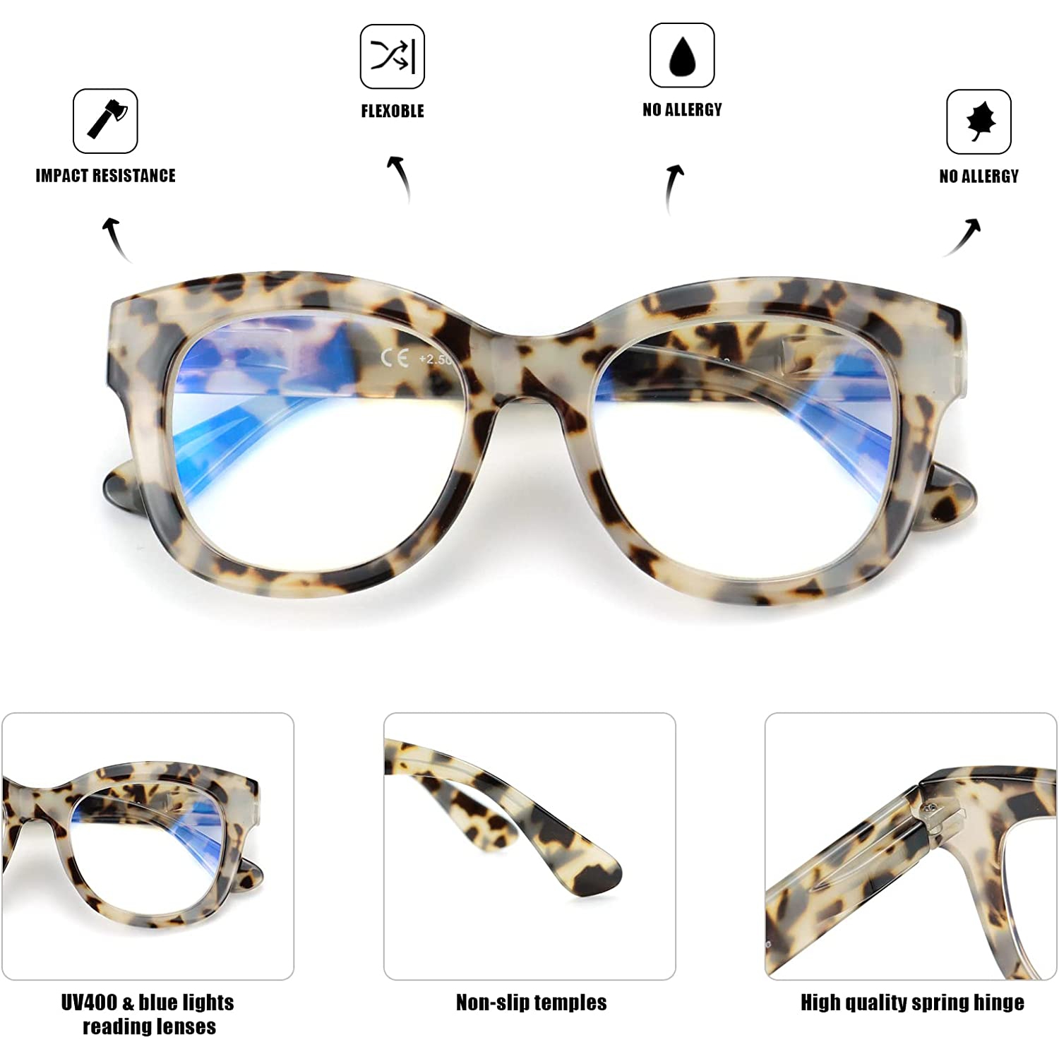 Retro Oversized Reading Glasses for Women Blue Light Blocking Computer Readers with Spring hinge Thick Frame