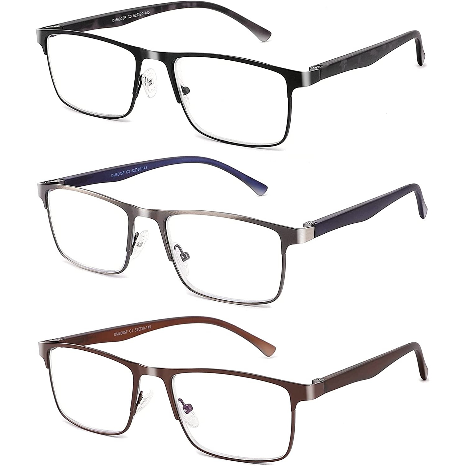 3-Pack Reading Glasses For Men Blue Light Filtering Full Frame Metal Readers
