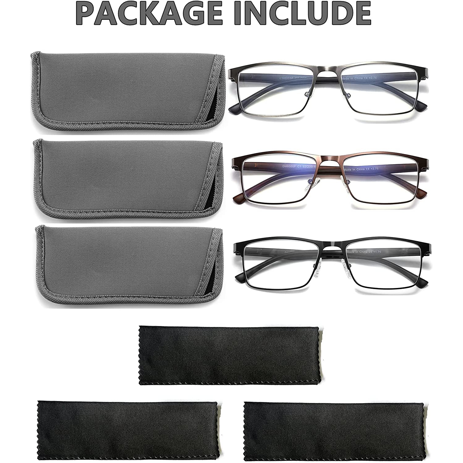 3-Pack Reading Glasses For Men Blue Light Filtering Full Frame Metal Readers