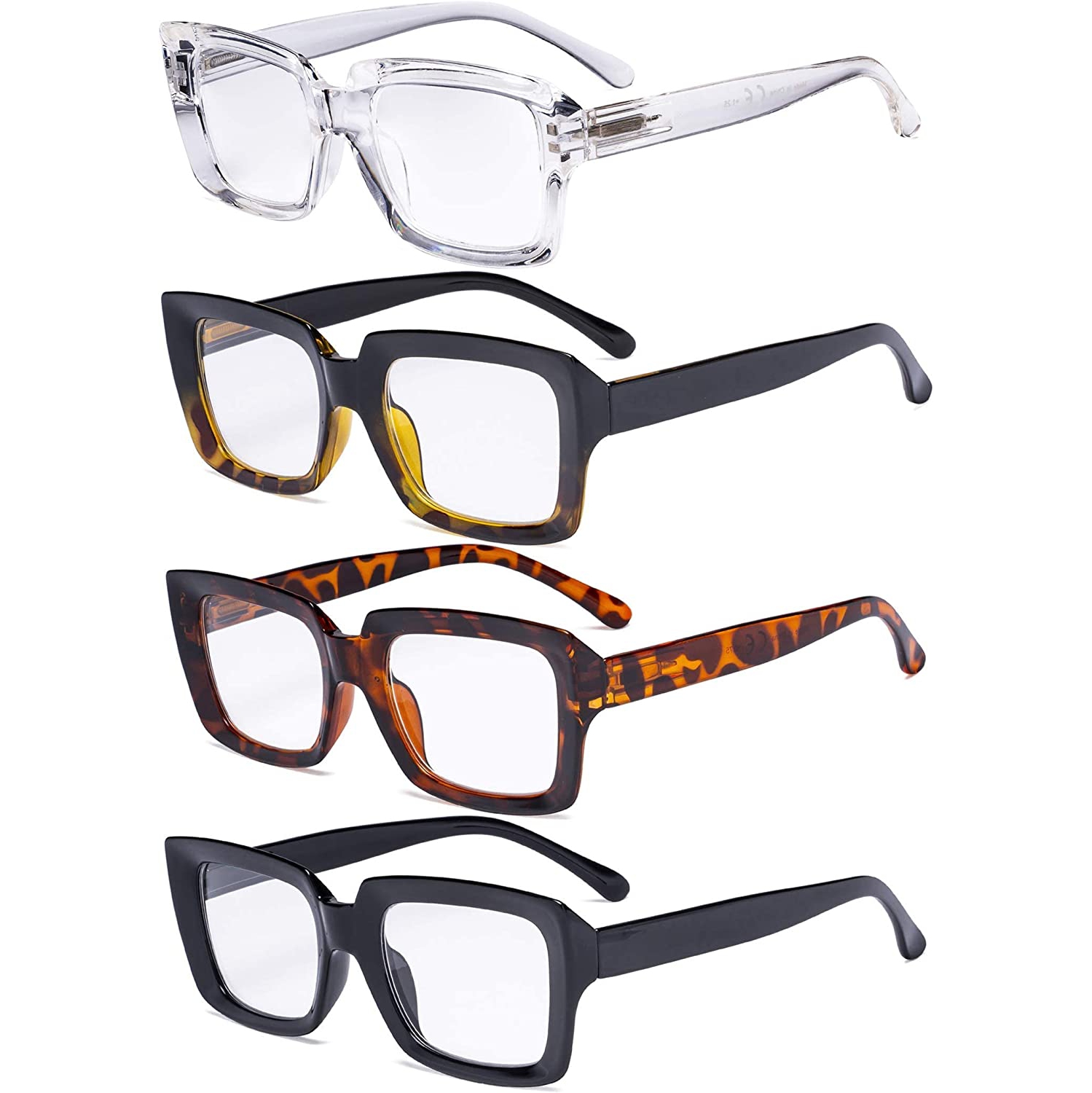 Ladies Reading Glasses for Women - 4 Pack Stylish Oversized Square Readers Eyeglasses