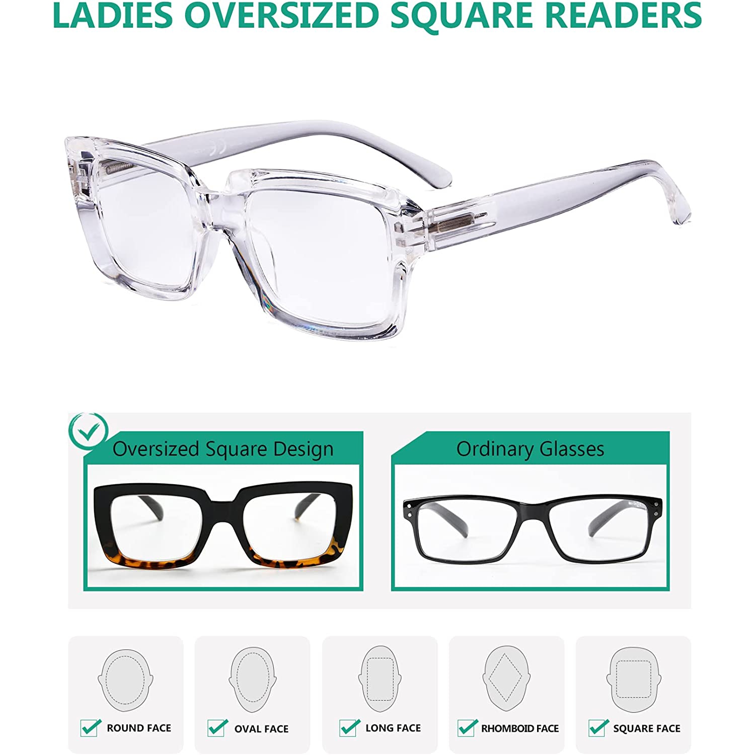 Ladies Reading Glasses for Women - 4 Pack Stylish Oversized Square Readers Eyeglasses