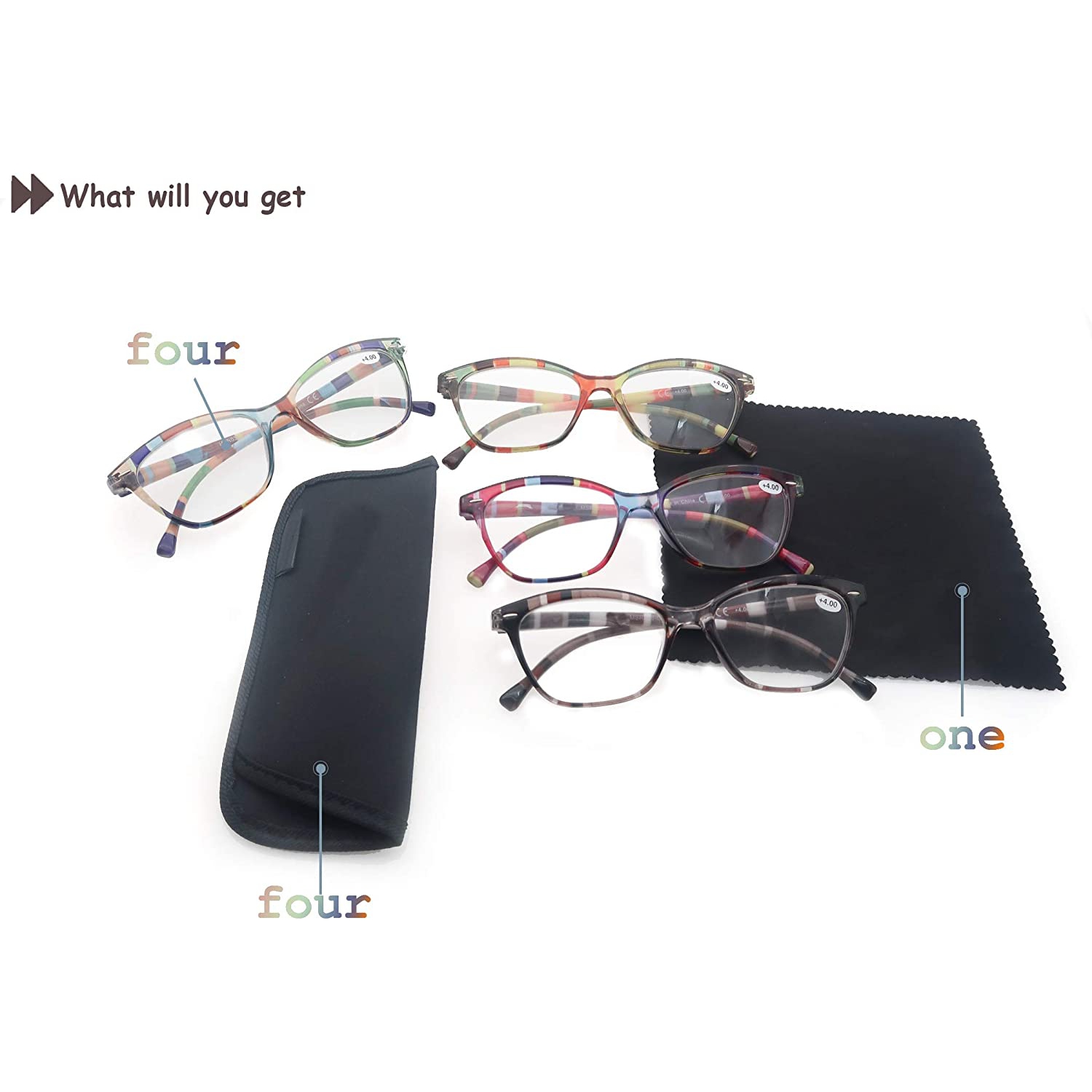 Ensemble de 4 paires de lunettes de lecture pour femmes lecteurs colorés, de magnifiques lunettes de chat à motif pour la lecture de l'Lightweigth