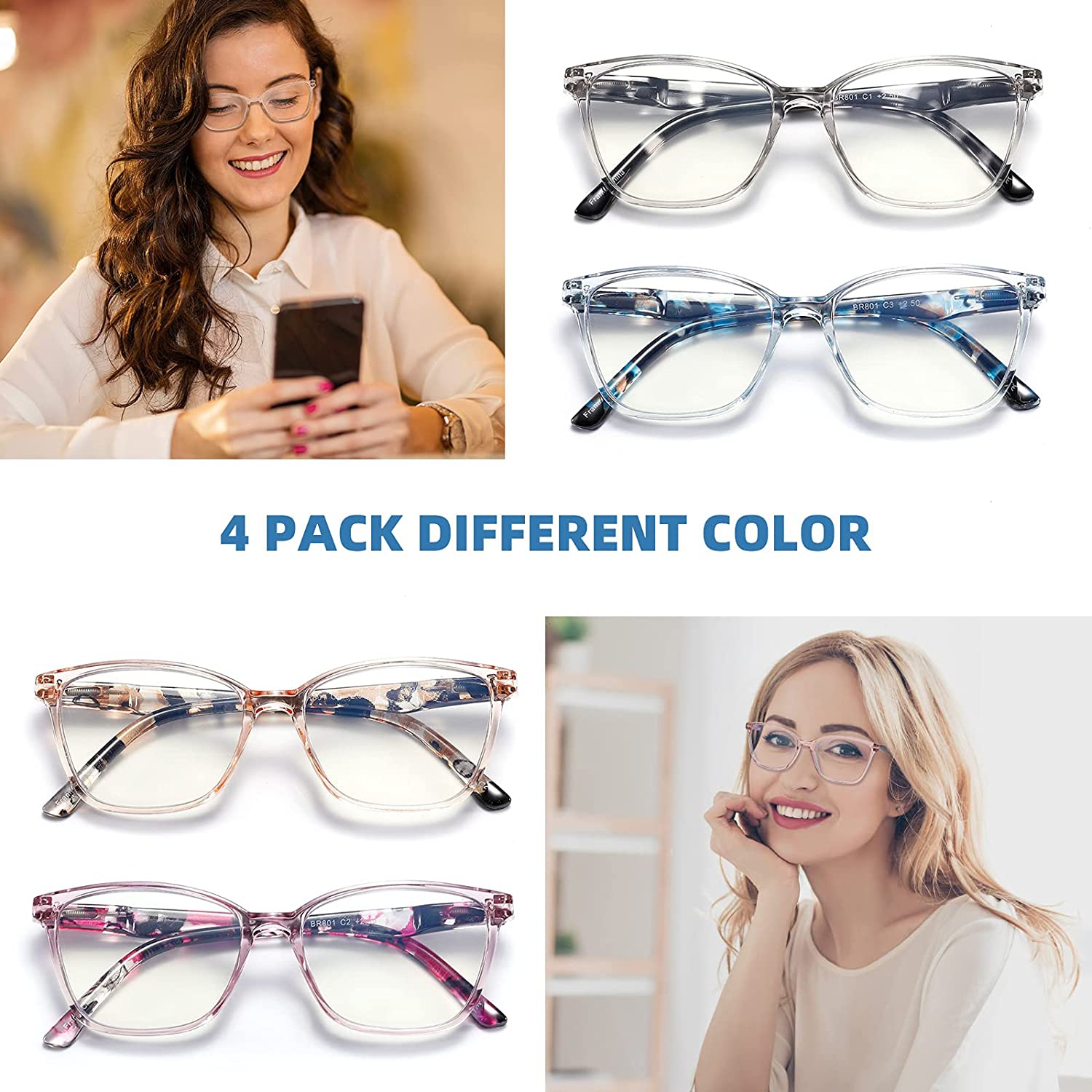 4 Pack Reading Glasses Blue Light Blocking for Women Men,Fashion Square Computer Readers with Spring Hinge,Anti