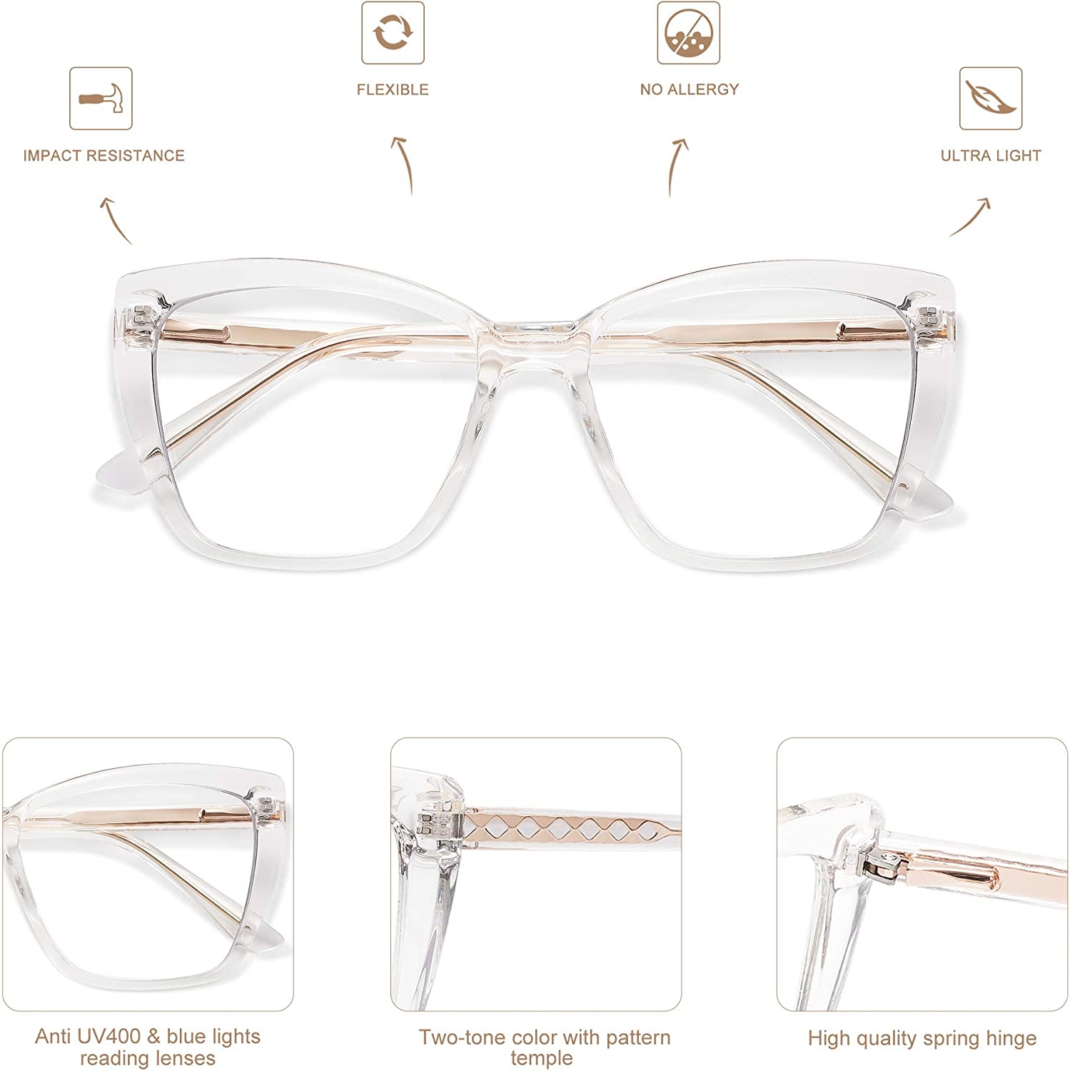 Trendy TR90 Oversized Blue Light Reading Glasses Women,Stylish Square Cat Eye Glasses AM6031
