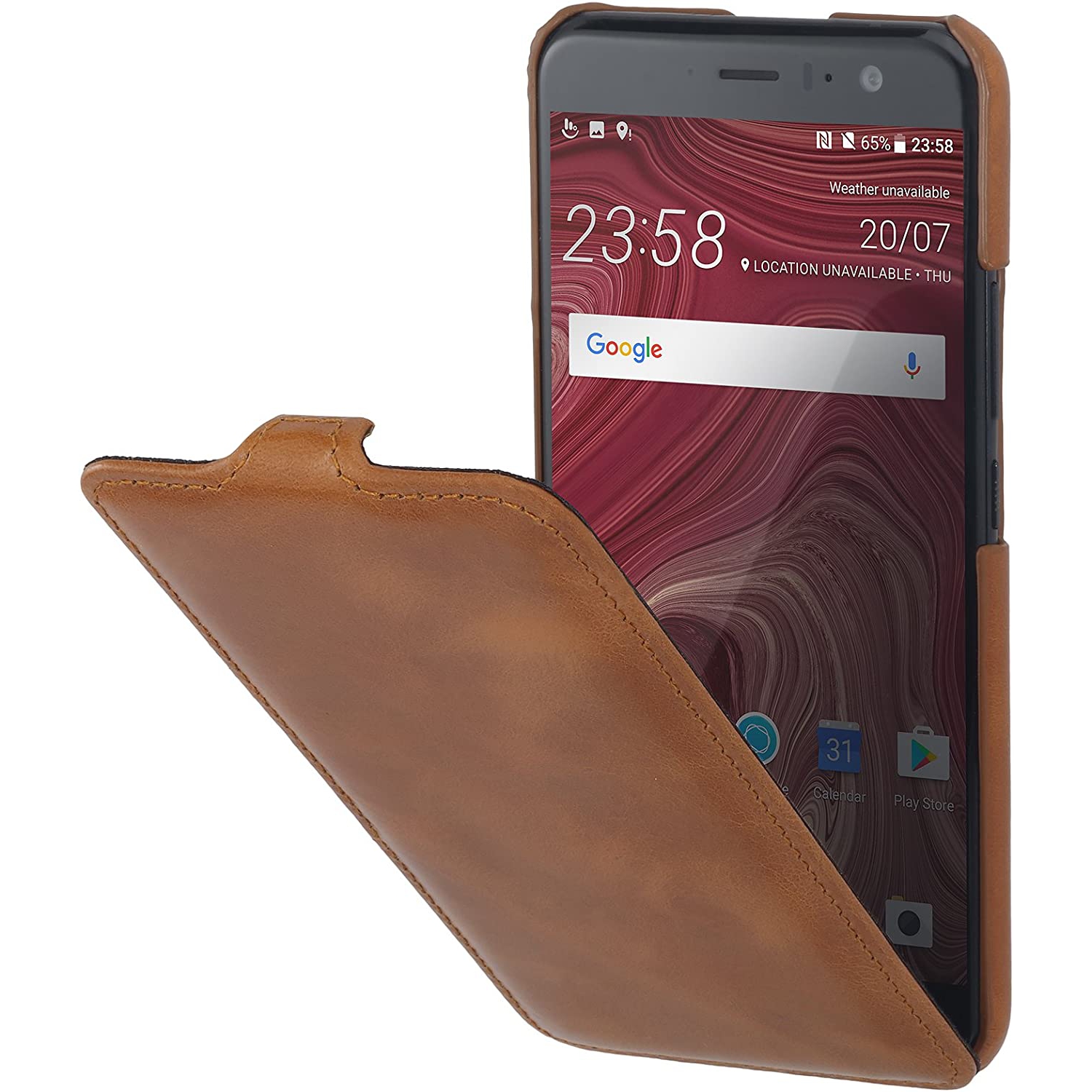 Genuine Leather Flip Case for HTC U11, UltraSlim Cover for HTC U 11 with Clip, Cognac Brown