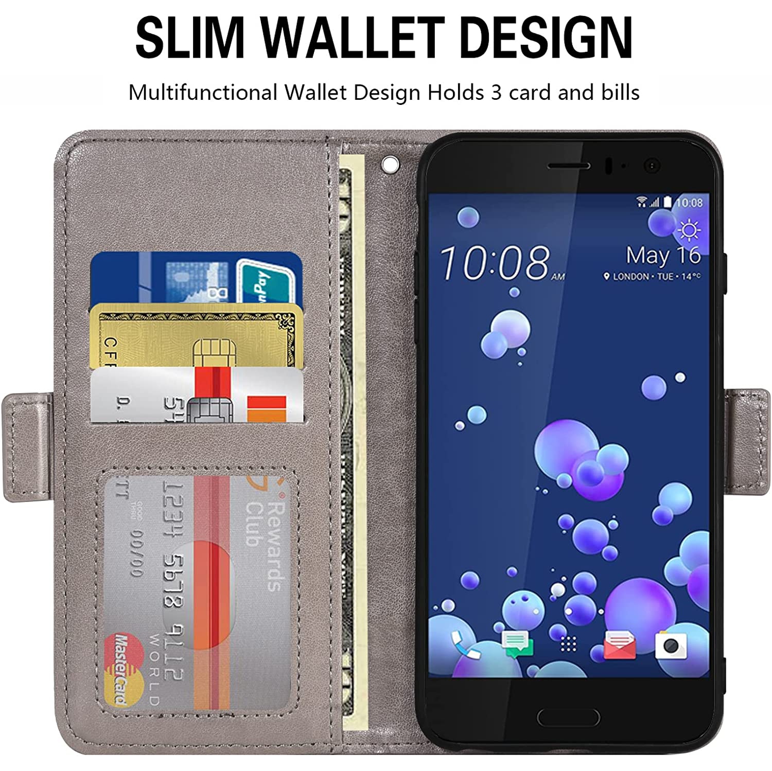 Compatible with HTC U11 Wallet Case and Tempered Glass Screen Protector Flip Purse Accessories Wrist Strap