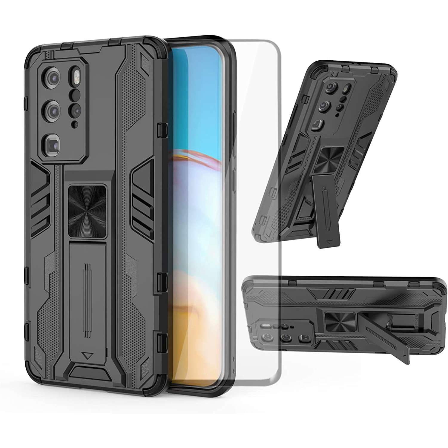 Phone Case for Huawei P40 Pro with Tempered Glass Screen Protector Cover and Slim Stand Hybrid Rugged Magnetic