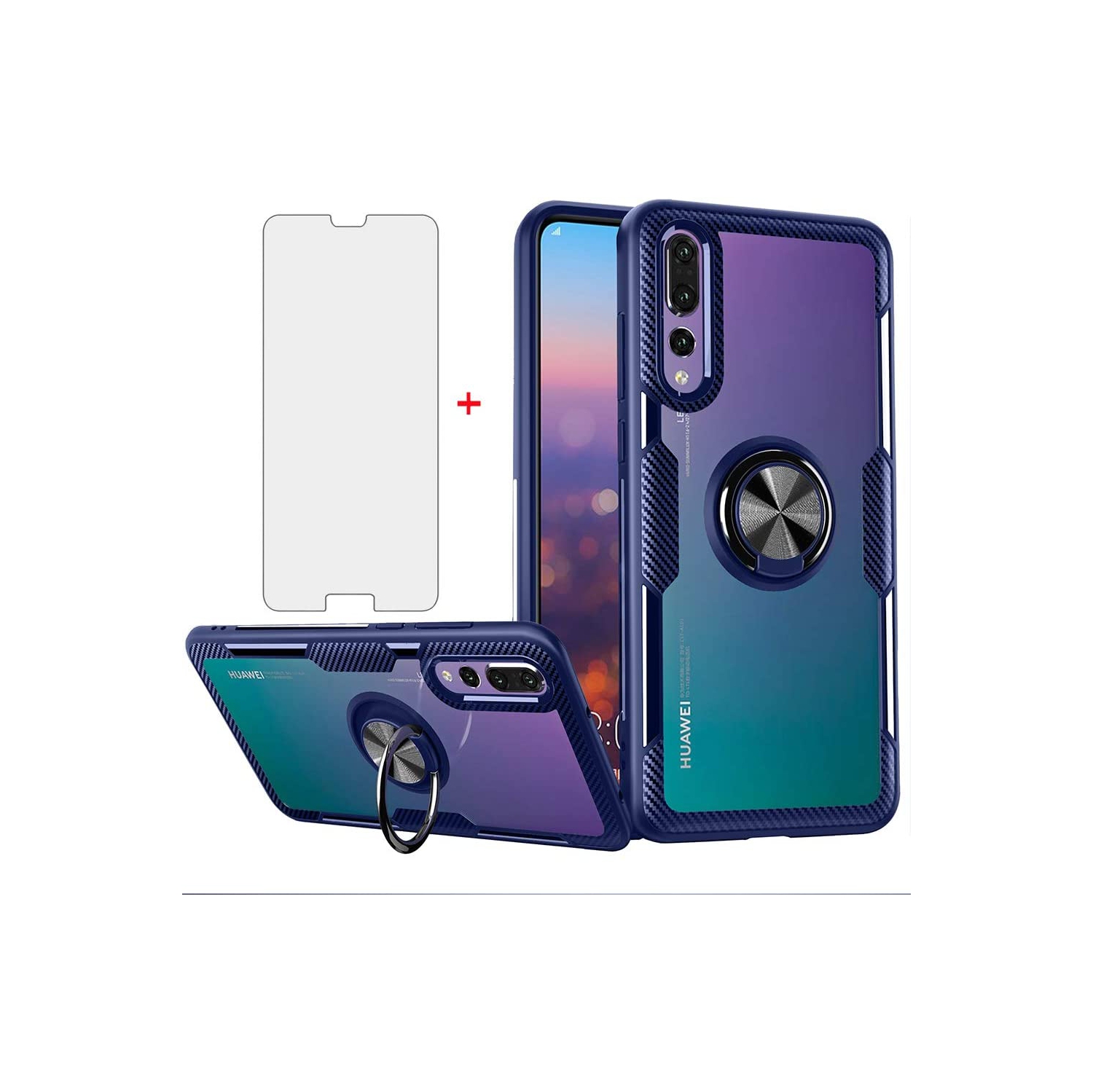 Phone Case for Huawei P20 Pro with Tempered Glass Screen Protector Clear Cover and Stand Ring Holder Slim Hard Cell