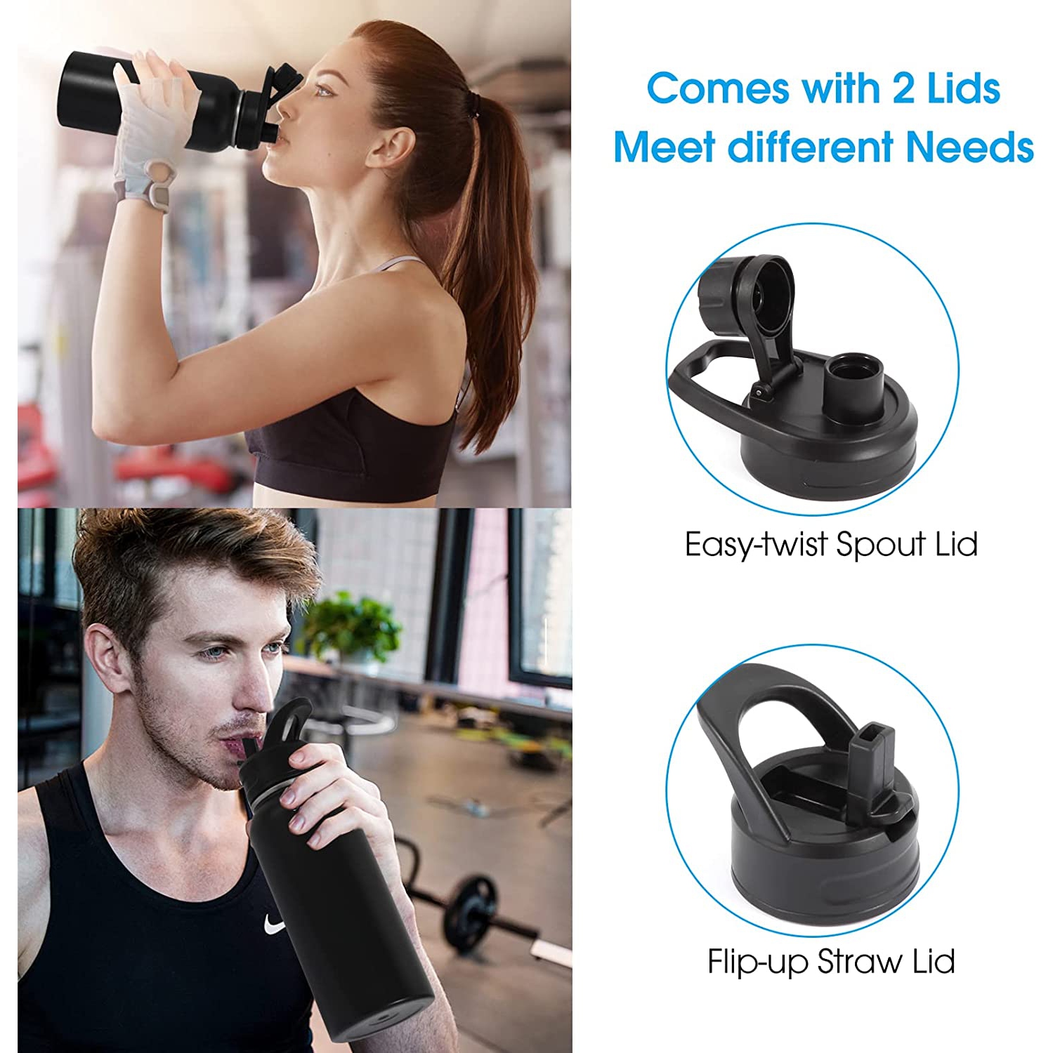 Bouteille d’eau isotherme, bouteille d’eau sport en acier inoxydable de 32 oz avec autocollants, couvercle à paille et bec (2