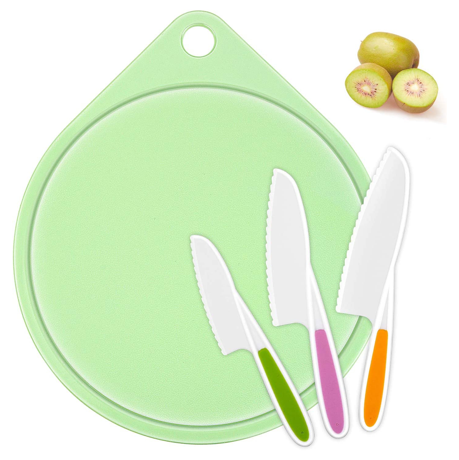 Kids Knife Set, Children's Cooking Knives in 3 Sizes and Plastic Cutting Board/Firm Grip, Serrated Edges,
