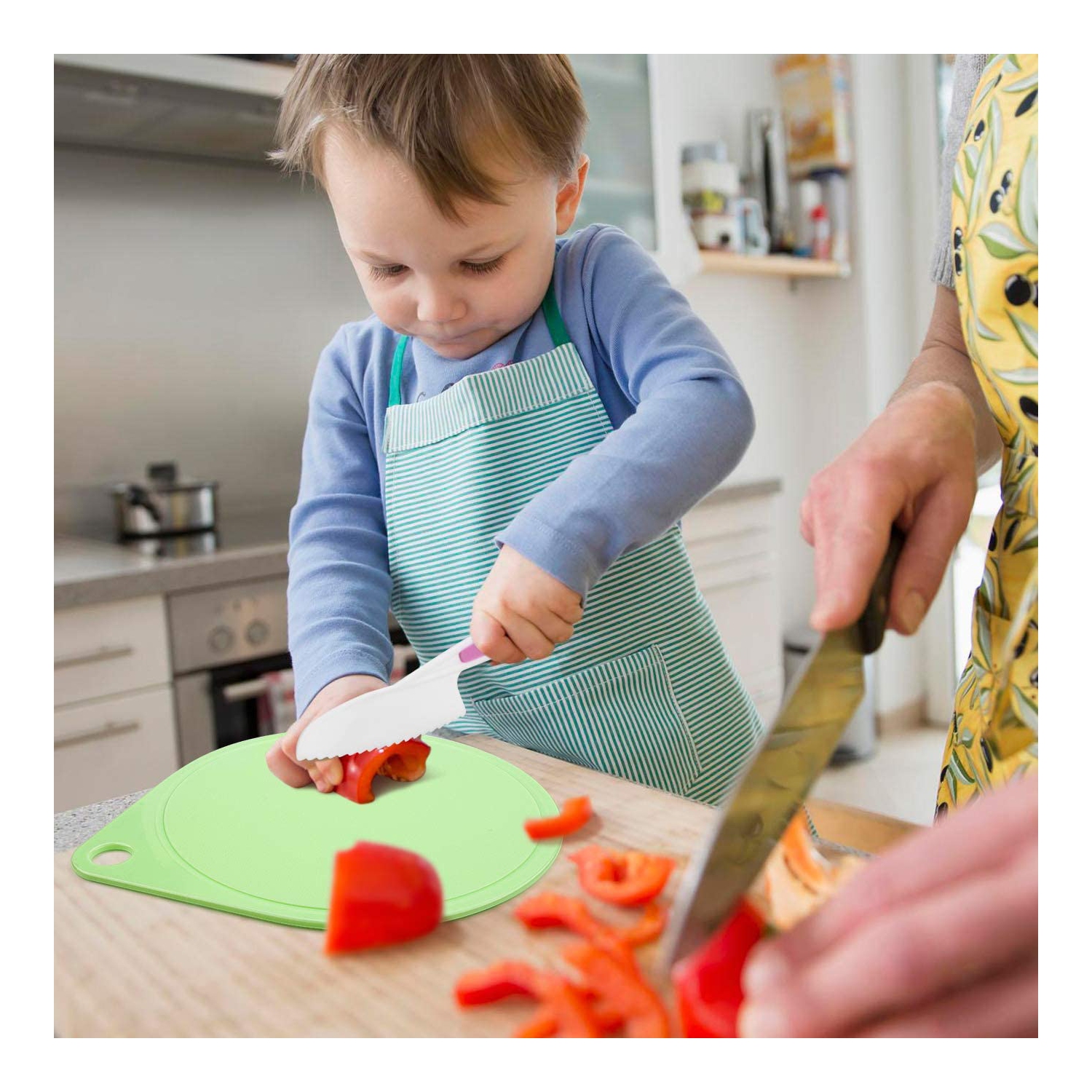 Kids Knife Set, Children's Cooking Knives in 3 Sizes and Plastic Cutting Board/Firm Grip, Serrated Edges,