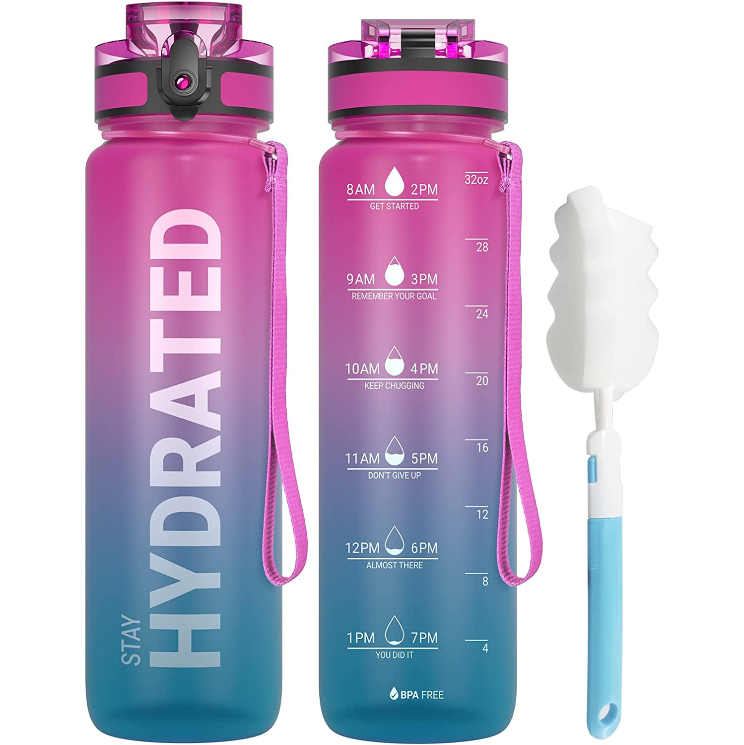 Water Bottle, 32oz Motivational Sports Water Bottle with Time Marker - Times to Drink - Tritan, BPA Free,