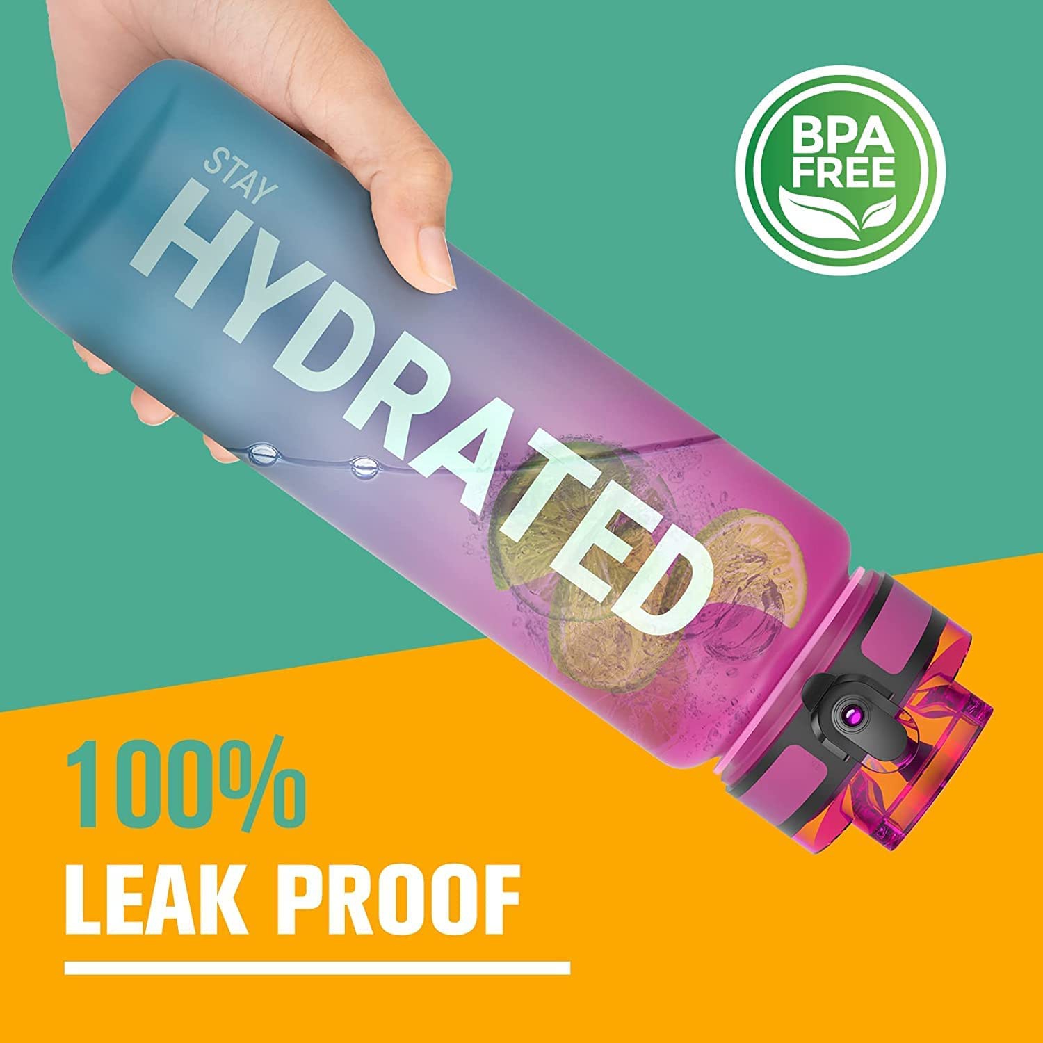 Water Bottle, 32oz Motivational Sports Water Bottle with Time Marker - Times to Drink - Tritan, BPA Free,