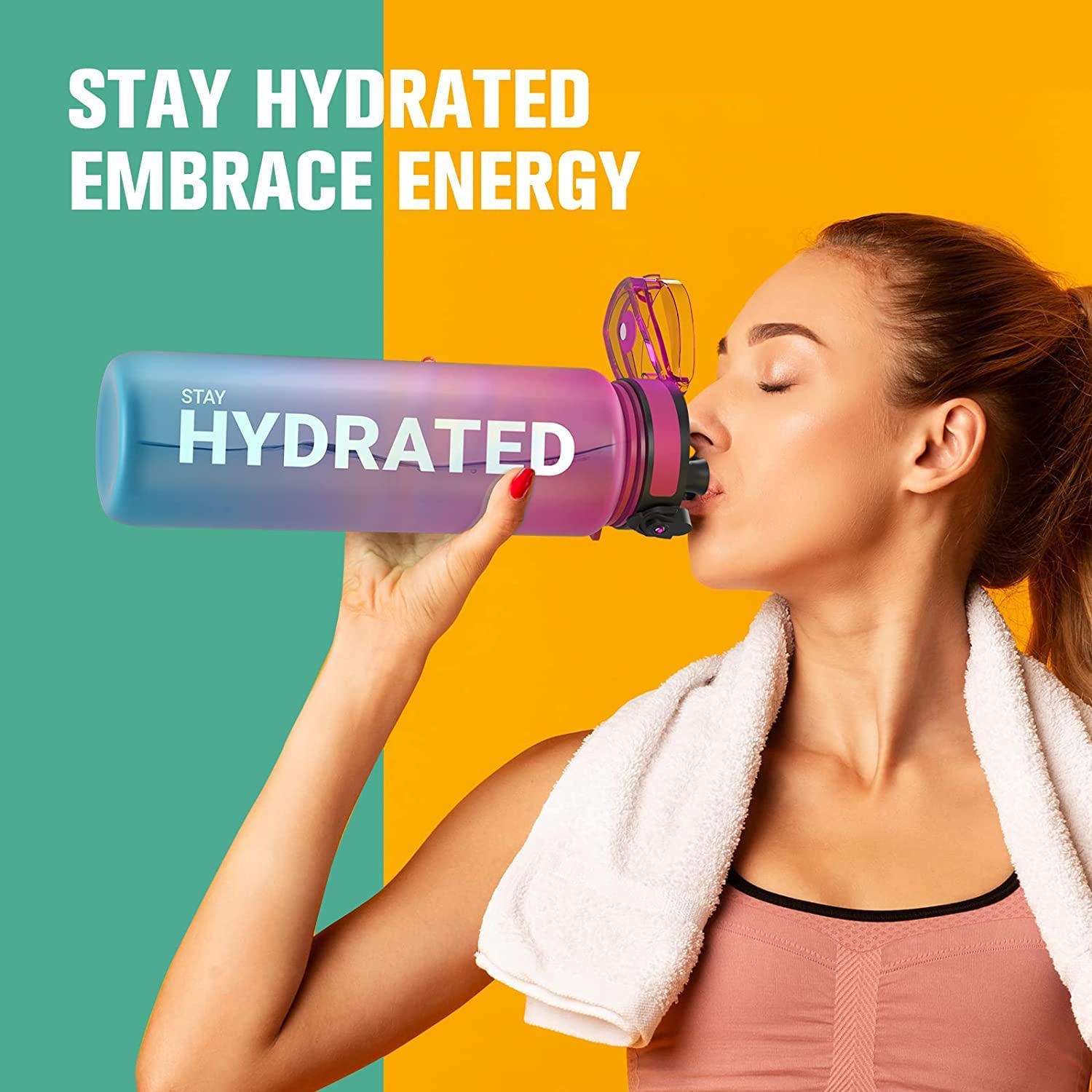 Water Bottle, 32oz Motivational Sports Water Bottle with Time Marker - Times to Drink - Tritan, BPA Free,