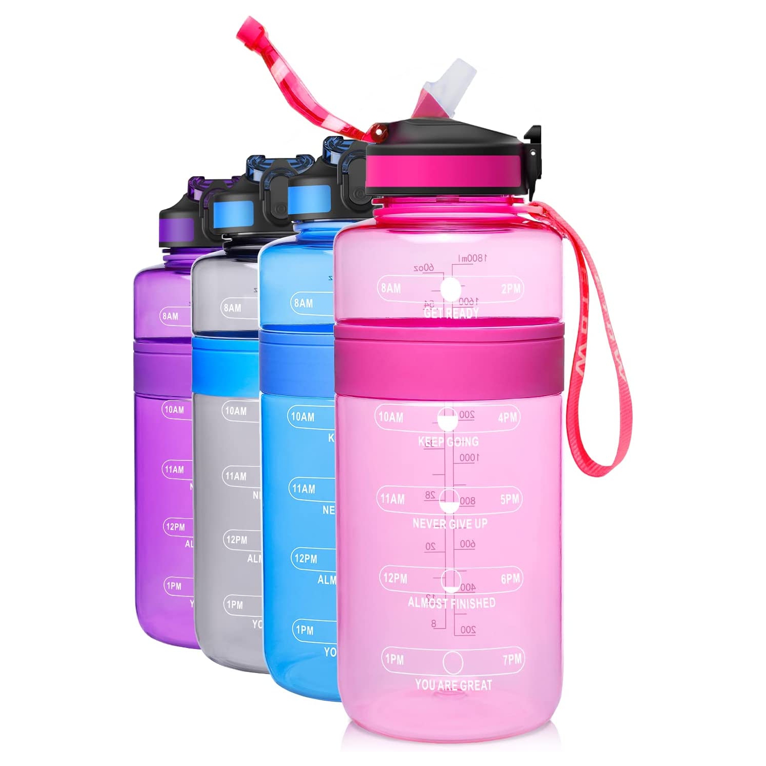 Water Bottle with Straw BPA Free, 64oz Tritan Drinking Bottles with Time Marker, Half Gallon Leakproof Sports
