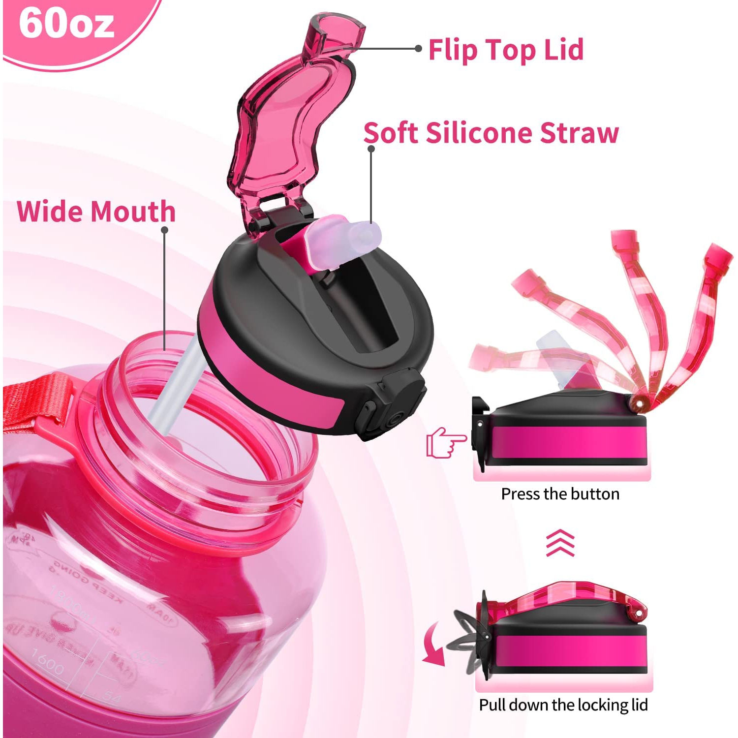 Water Bottle with Straw BPA Free, 64oz Tritan Drinking Bottles with Time Marker, Half Gallon Leakproof Sports